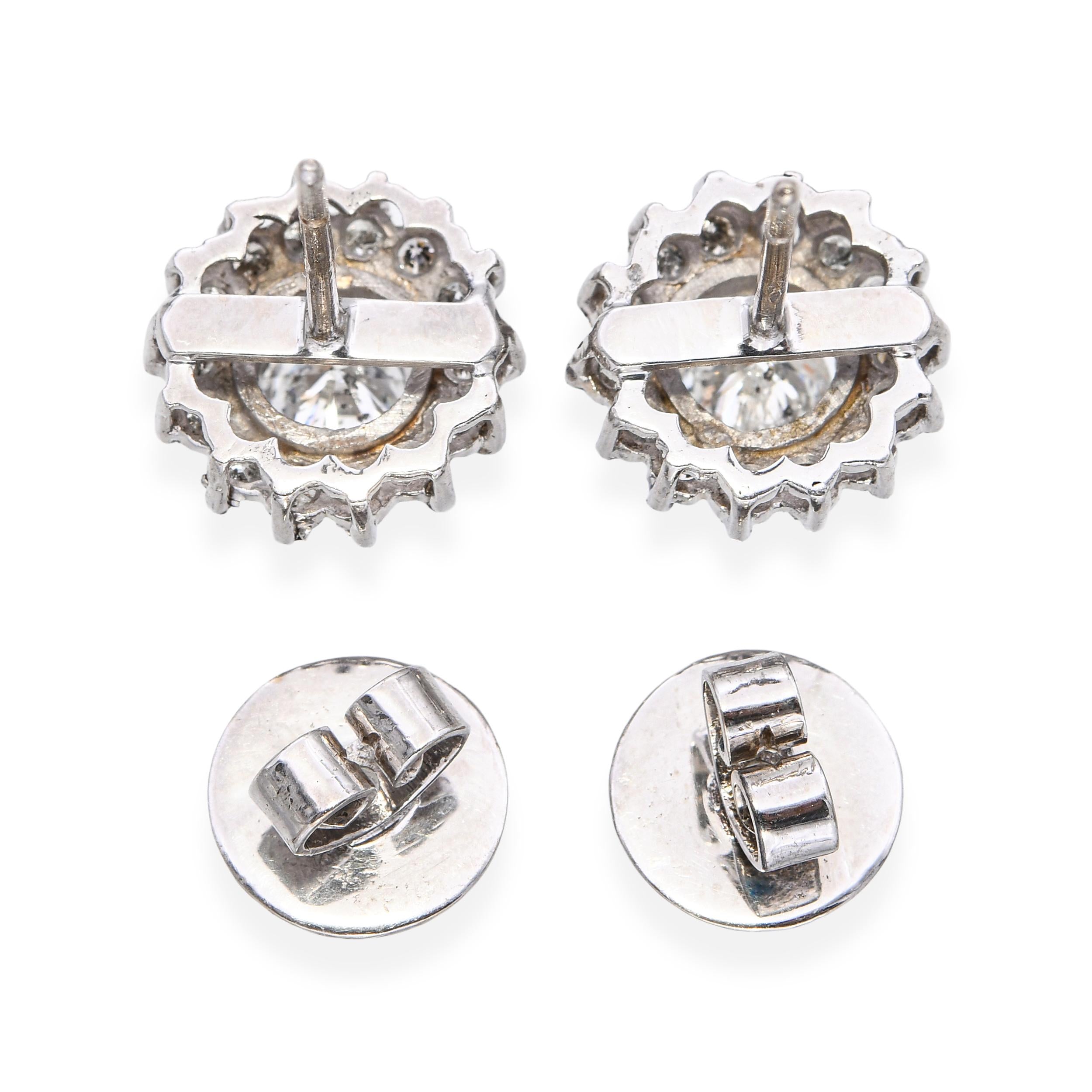 Vintage 8k White Gold 2.0tcw J I1 Diamond Halo Stud Earrings