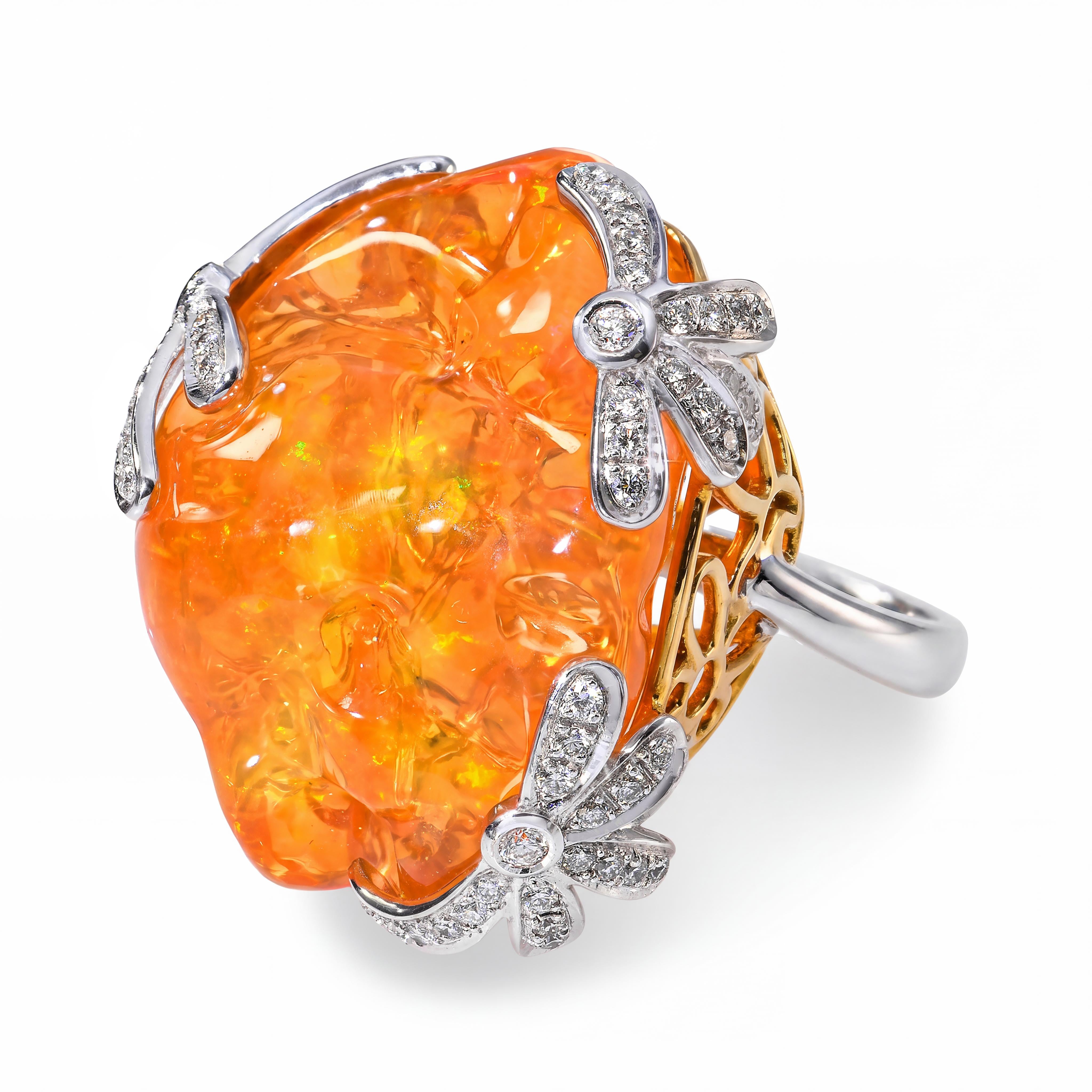 18k Two Tone Gold 26.76ct Fire Opal and Diamond Ring