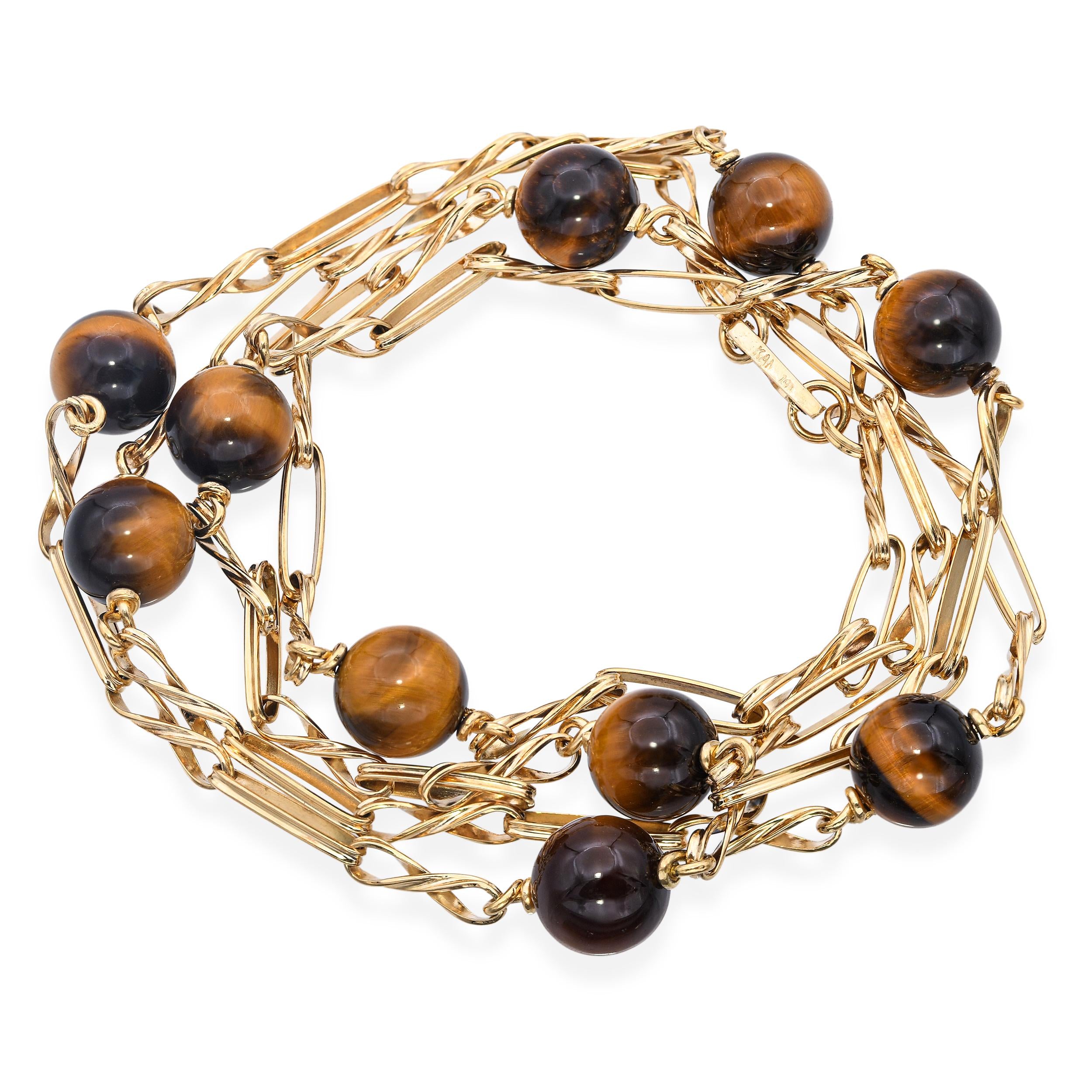 Vintage 14k Yellow Gold Tiger's Eye Station Necklace