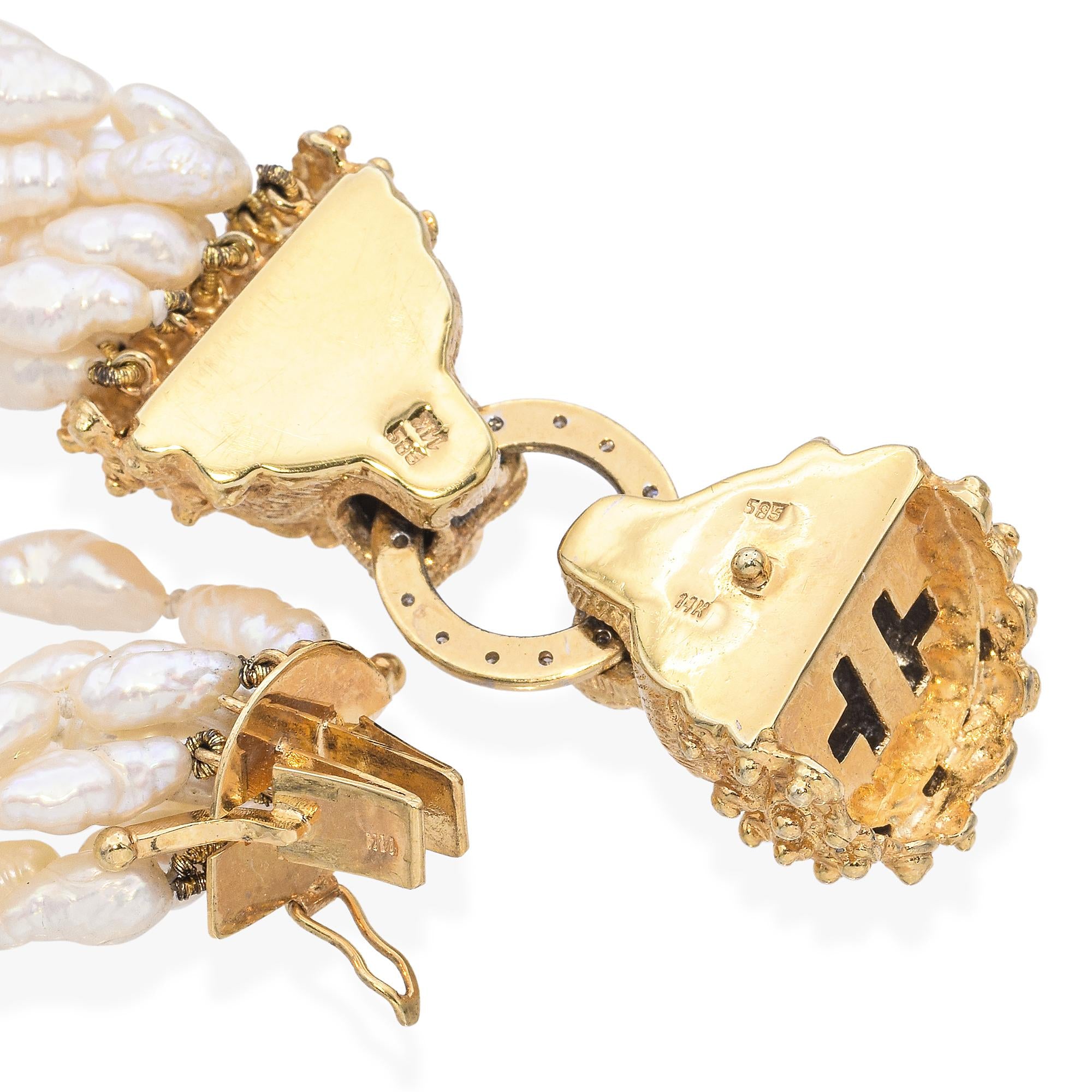 Vintage Cardow Pearl Bracelet with 14K Yellow Gold Diamond  Lion's Head Clasp