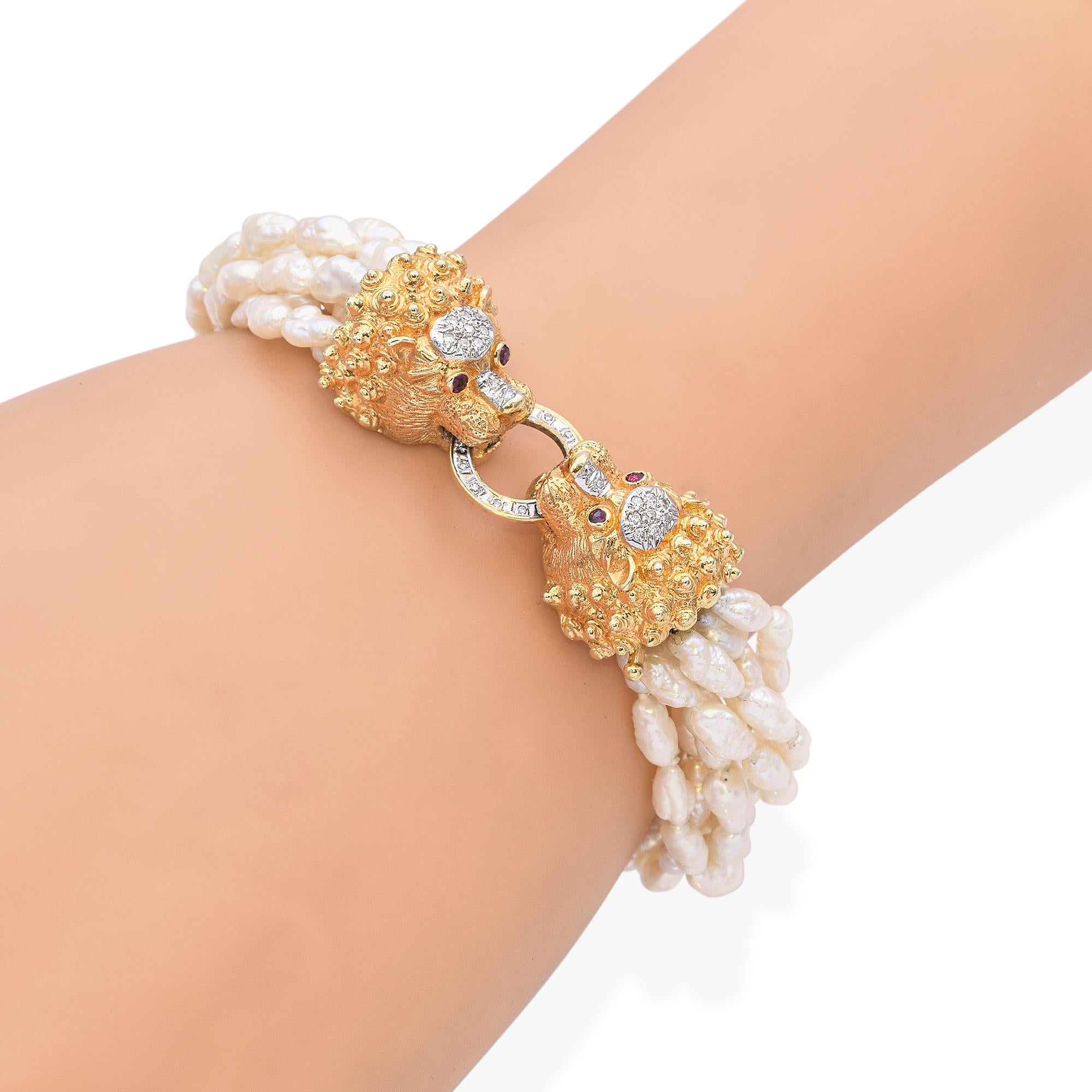 Vintage Cardow Pearl Bracelet with 14K Yellow Gold Diamond  Lion's Head Clasp