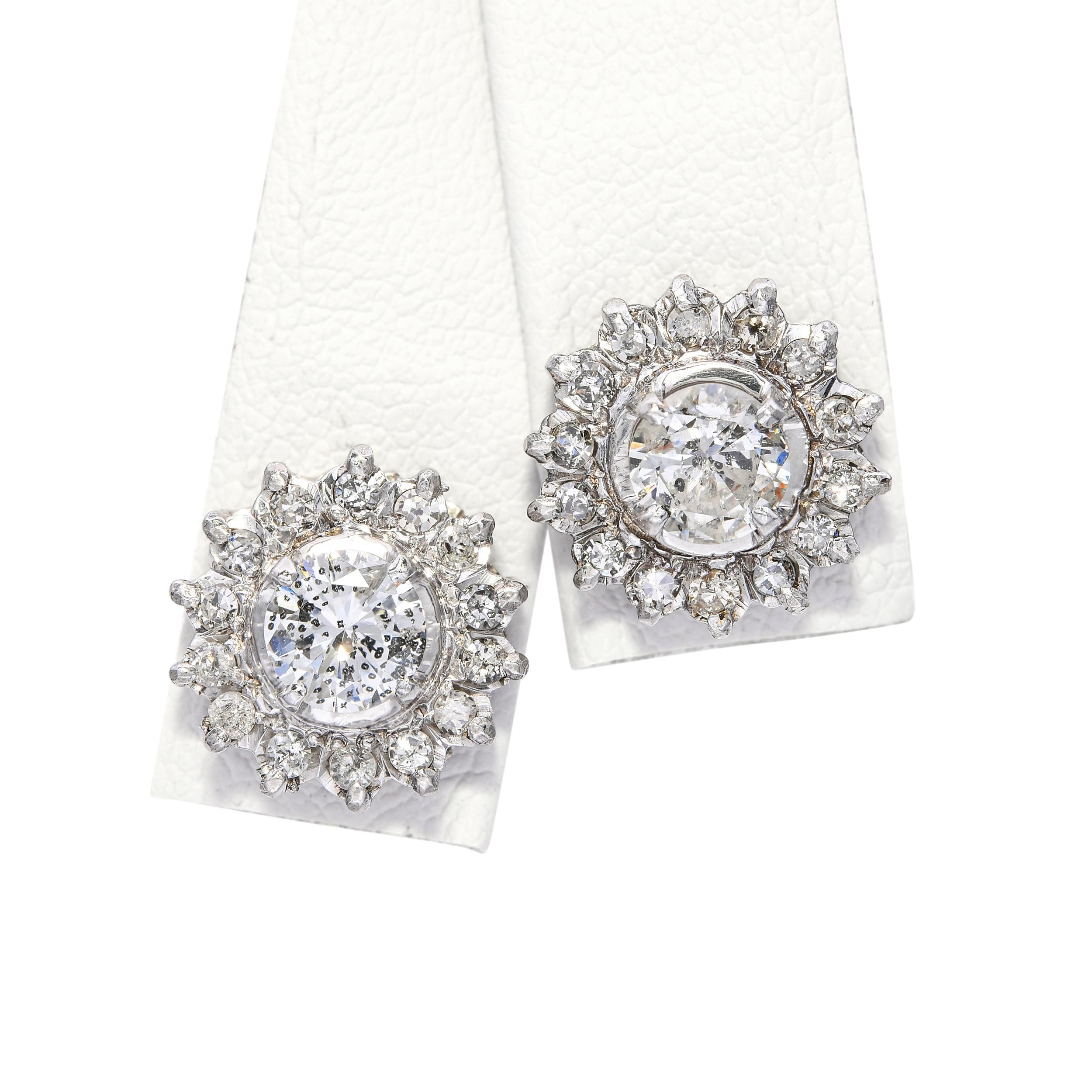 Vintage 8k White Gold 2.0tcw J I1 Diamond Halo Stud Earrings