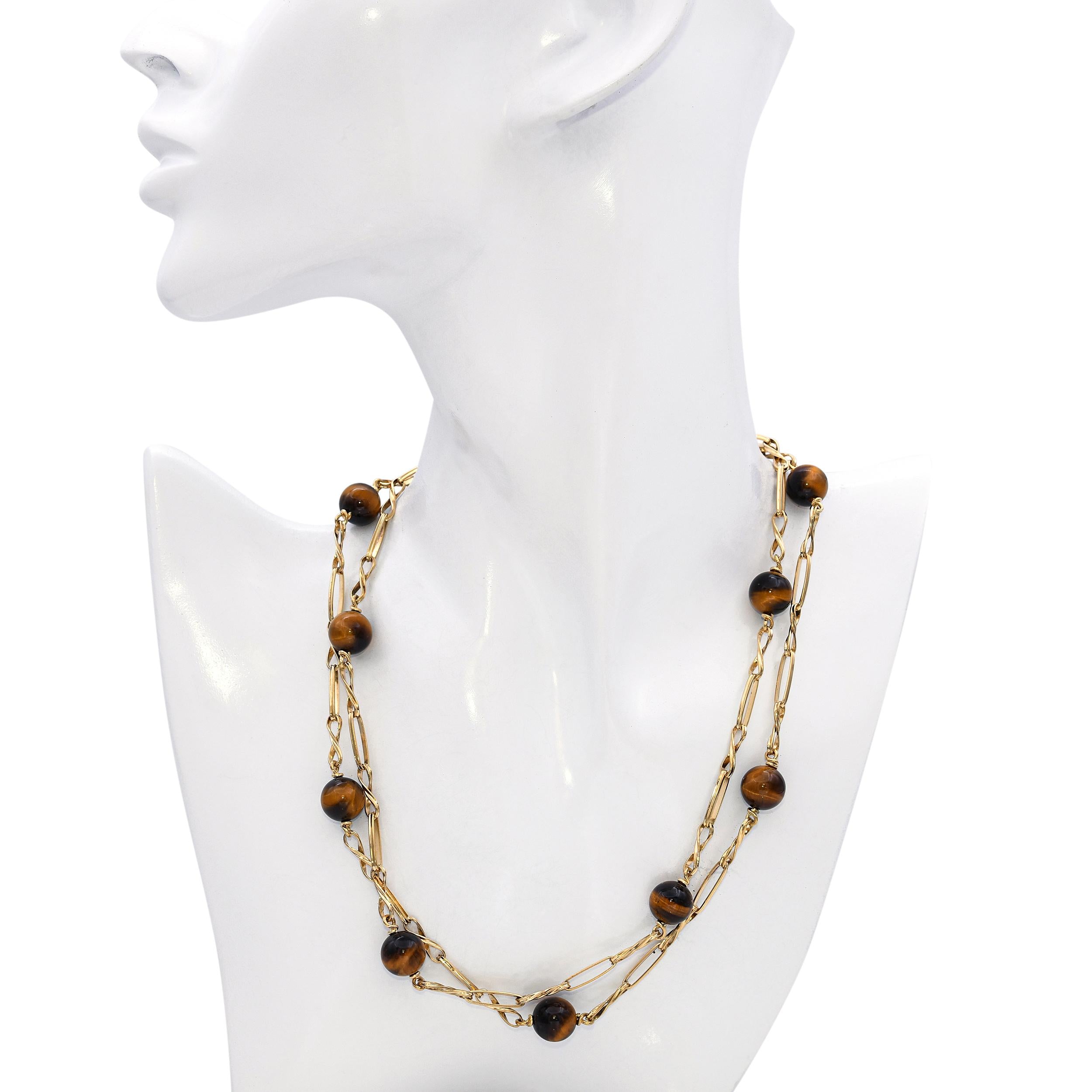 Vintage 14k Yellow Gold Tiger's Eye Station Necklace