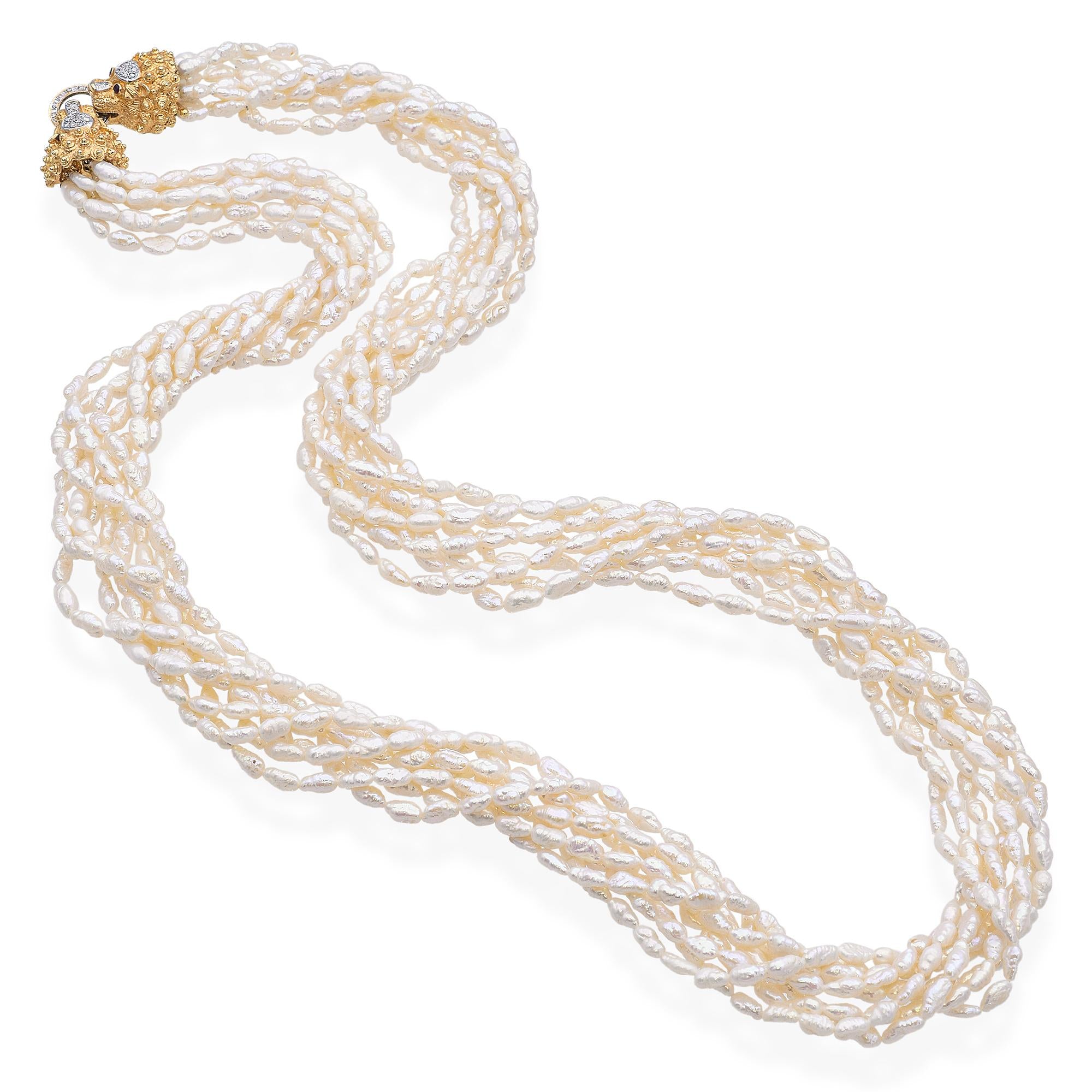 Vintage Cardow Pearl Necklace with 14K Yellow Gold Diamond  Lion's Head Clasp