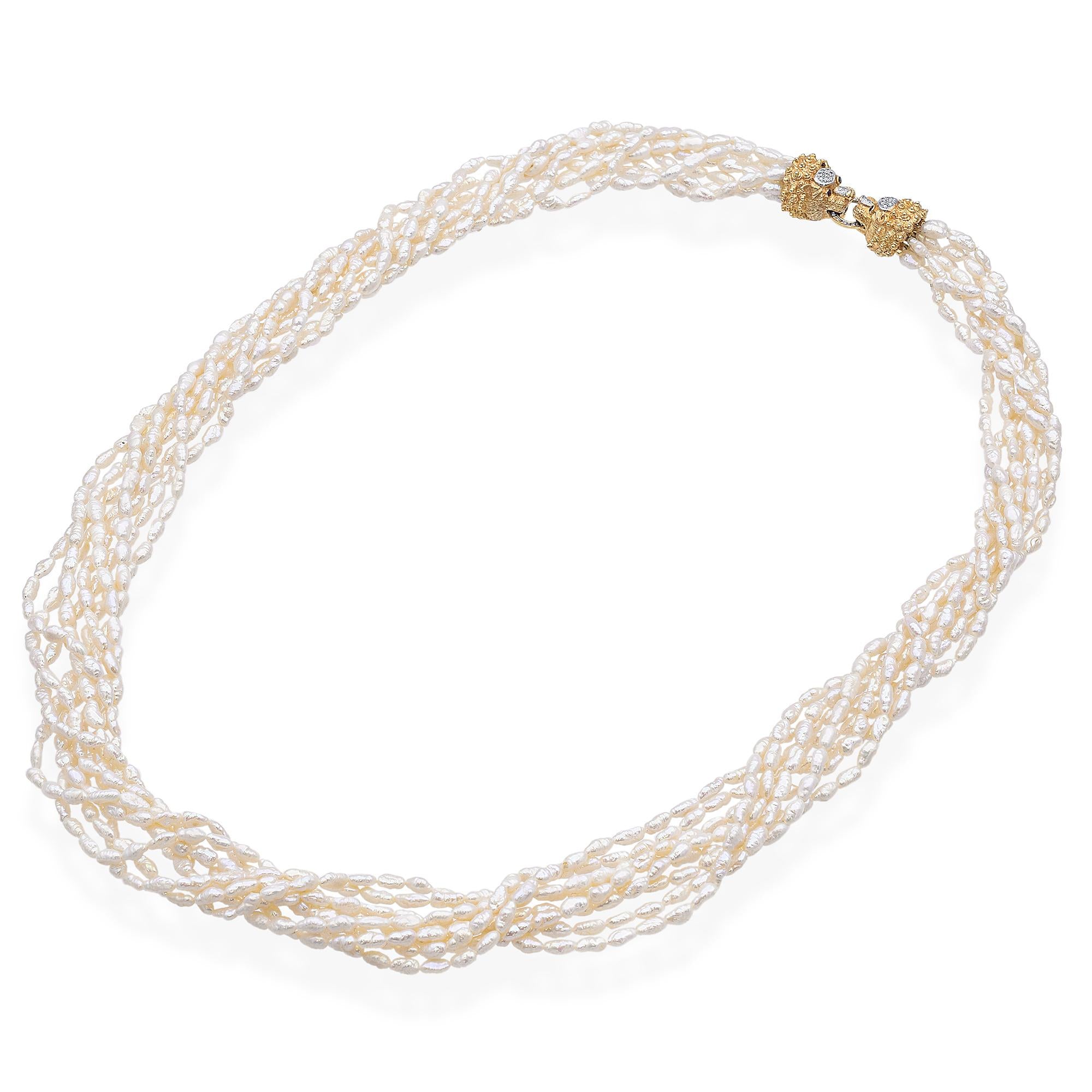 Vintage Cardow Pearl Necklace with 14K Yellow Gold Diamond  Lion's Head Clasp