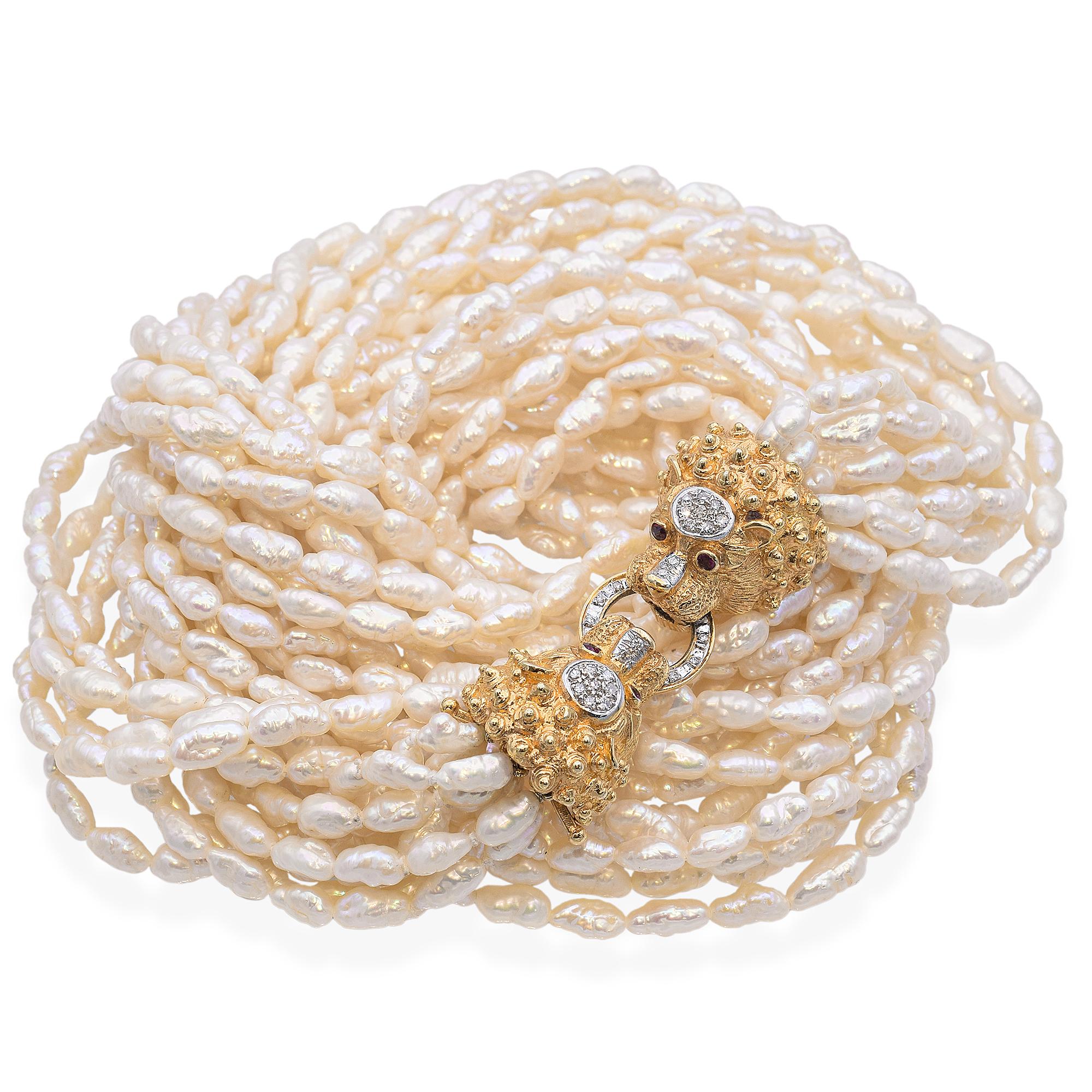 Vintage Cardow Pearl Necklace with 14K Yellow Gold Diamond  Lion's Head Clasp