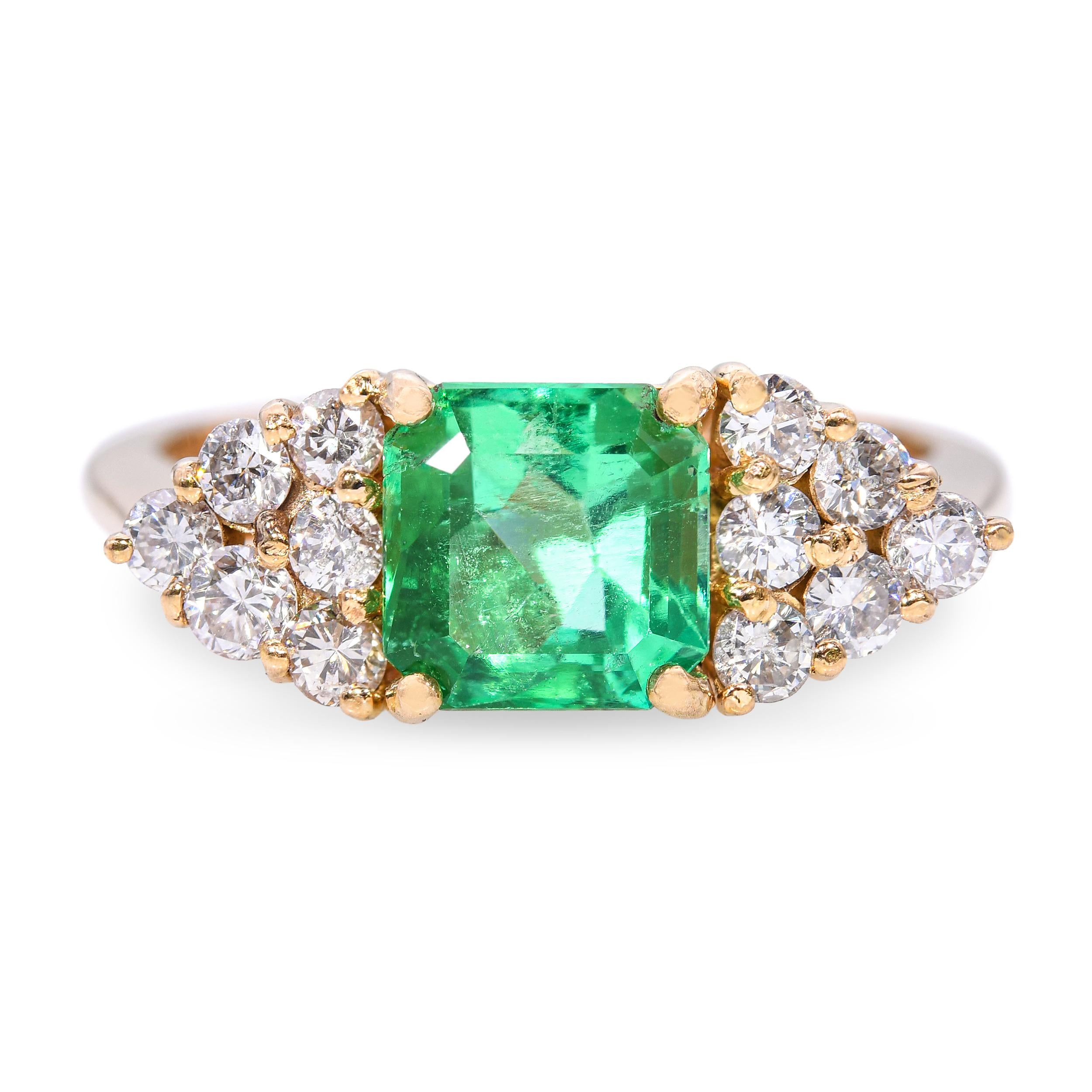 Vintage 18k Yellow Gold 1.42ct Colombian Emerald and Diamond Ring