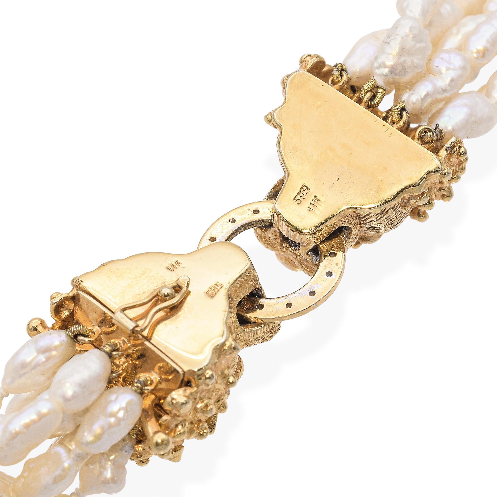 Vintage Cardow Pearl Necklace with 14K Yellow Gold Diamond  Lion's Head Clasp