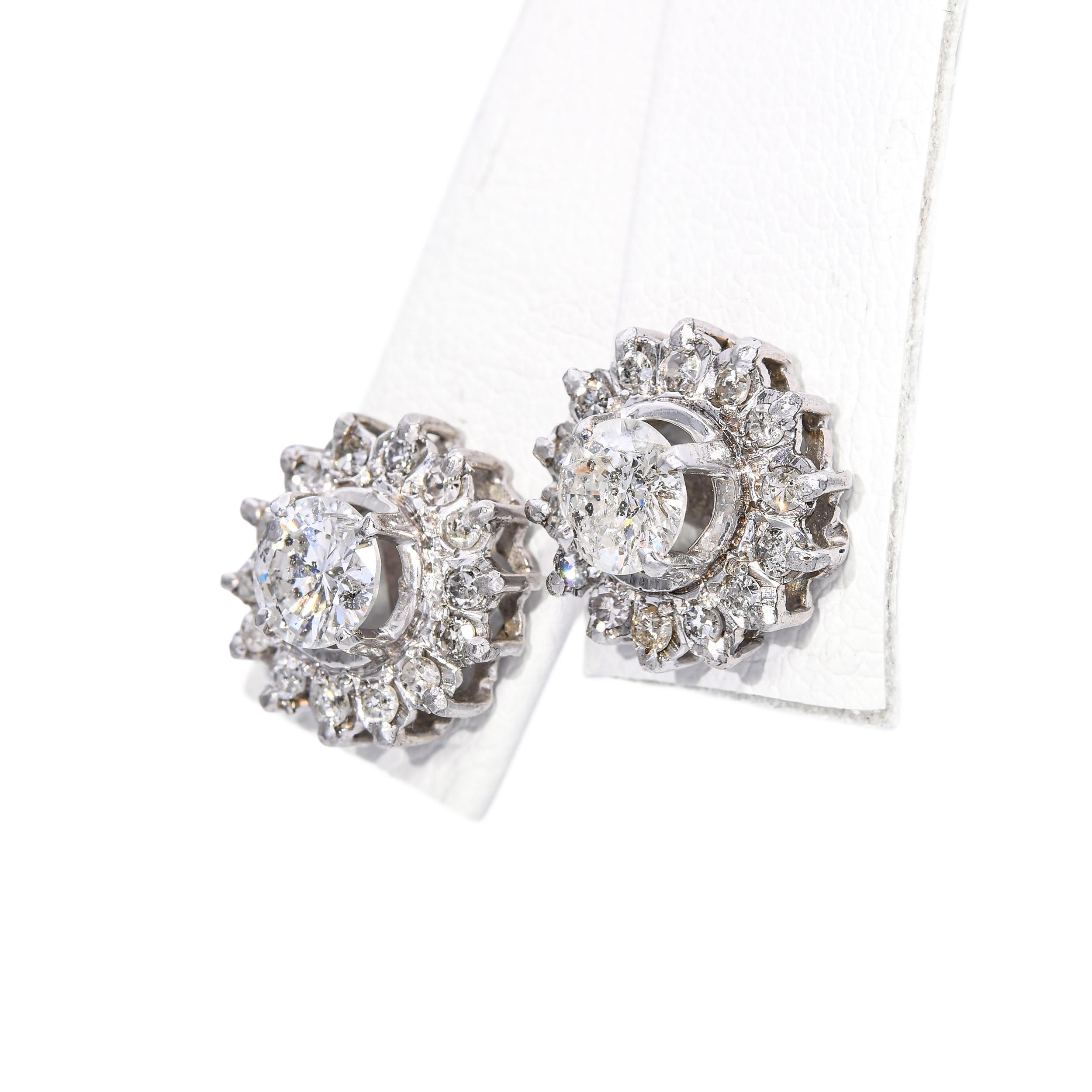 Vintage 8k White Gold 2.0tcw J I1 Diamond Halo Stud Earrings