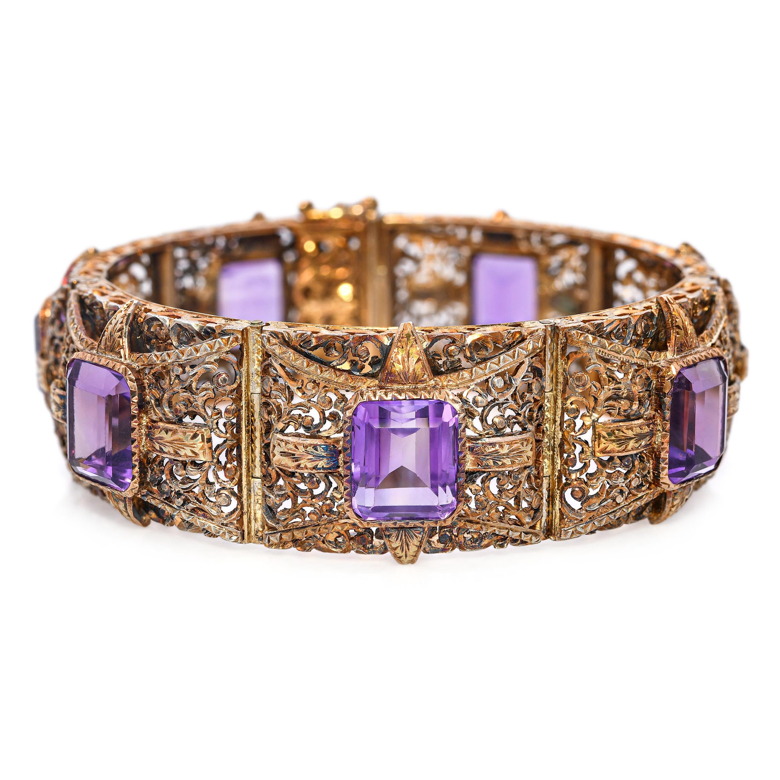 Antique 12k Yellow Gold Amethyst 28.56tcw Filigree Motif Decorative Bracelet