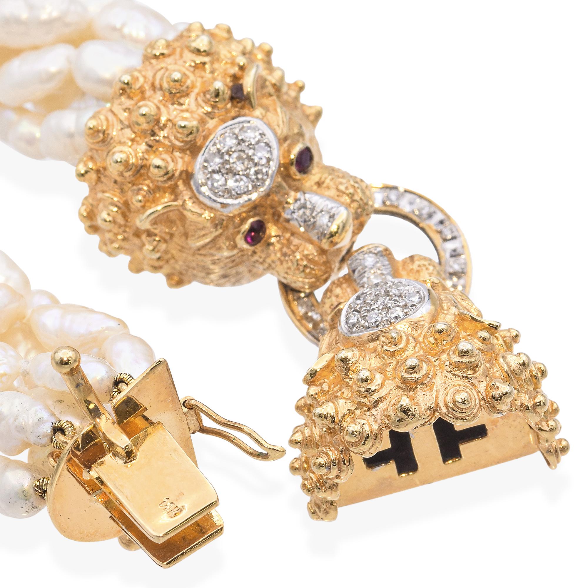 Vintage Cardow Pearl Necklace with 14K Yellow Gold Diamond  Lion's Head Clasp