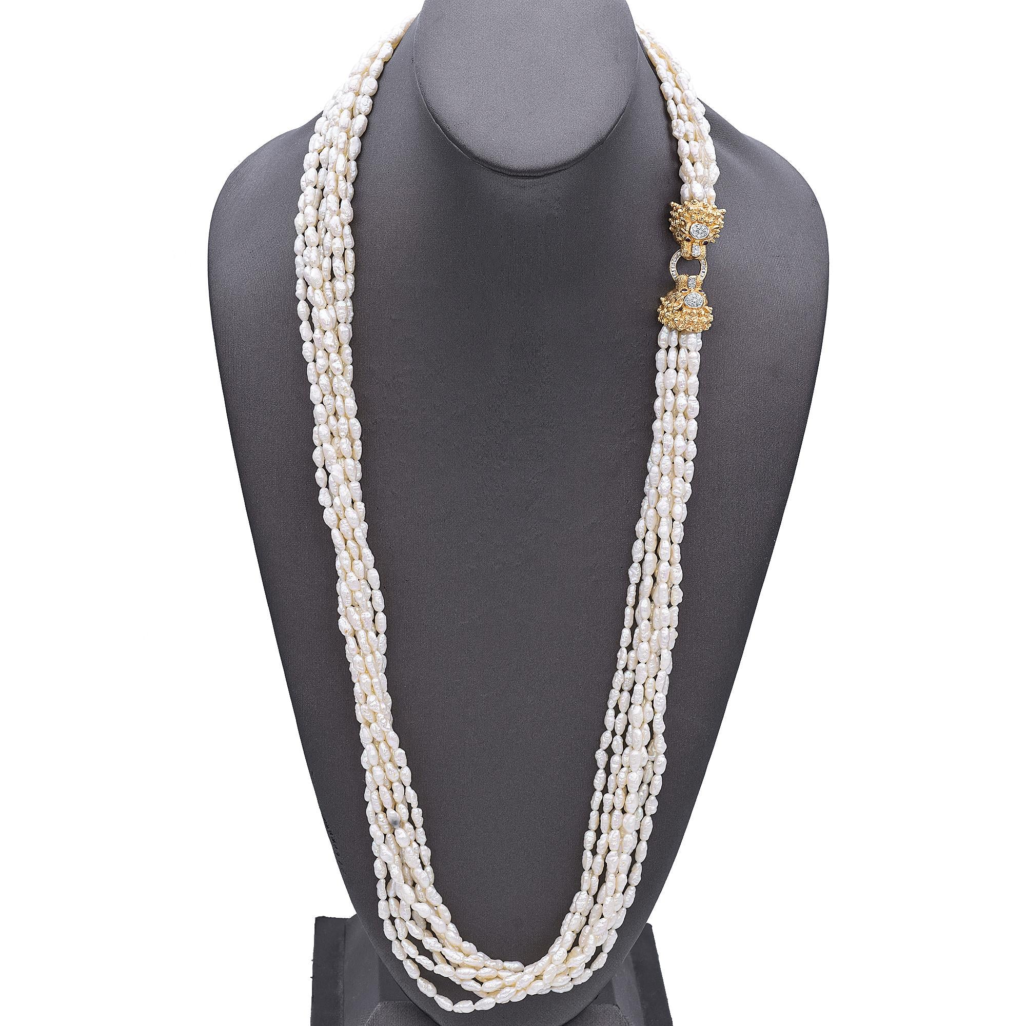 Vintage Cardow Pearl Necklace with 14K Yellow Gold Diamond  Lion's Head Clasp