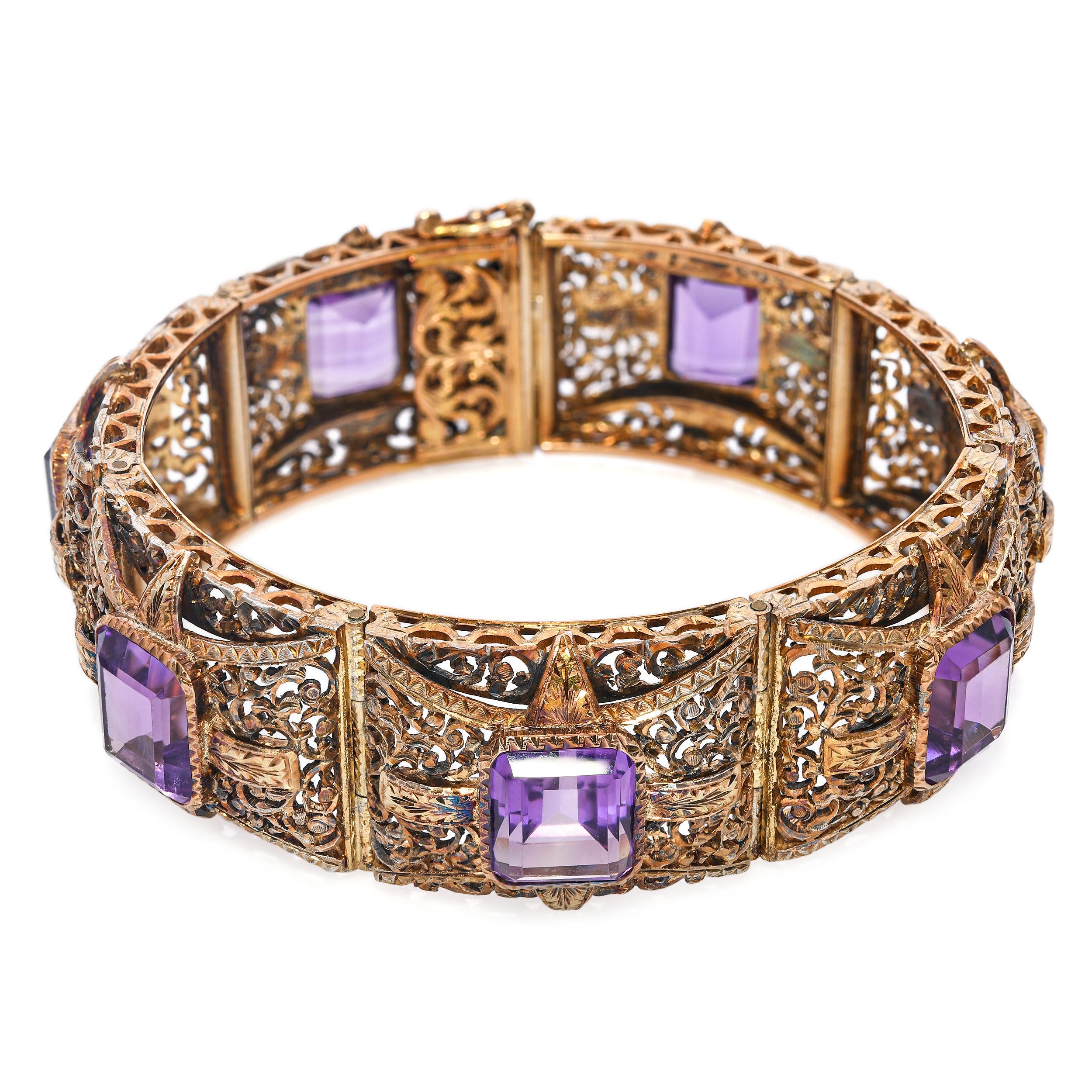 Antique 12k Yellow Gold Amethyst 28.56tcw Filigree Motif Decorative Bracelet