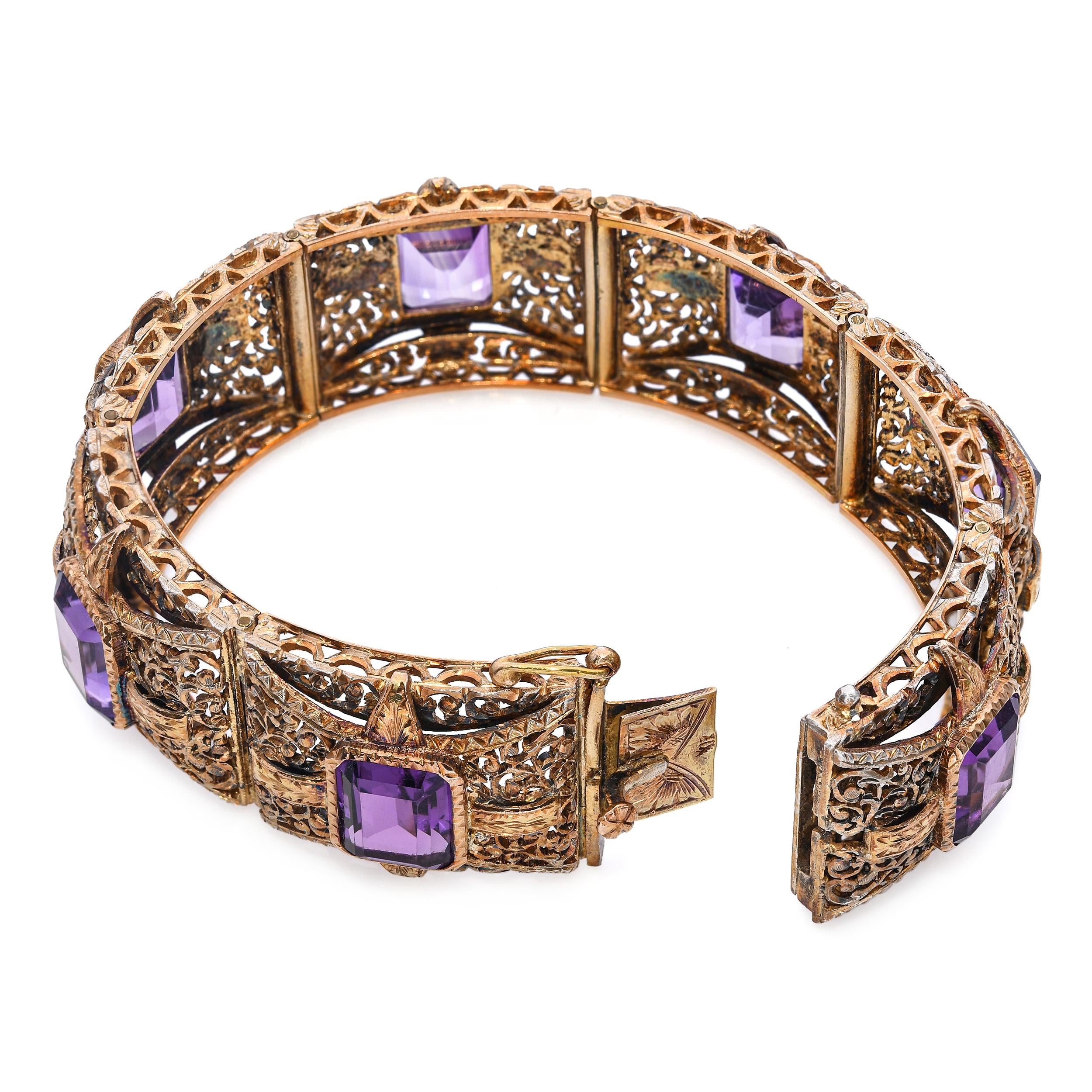 Antique 12k Yellow Gold Amethyst 28.56tcw Filigree Motif Decorative Bracelet