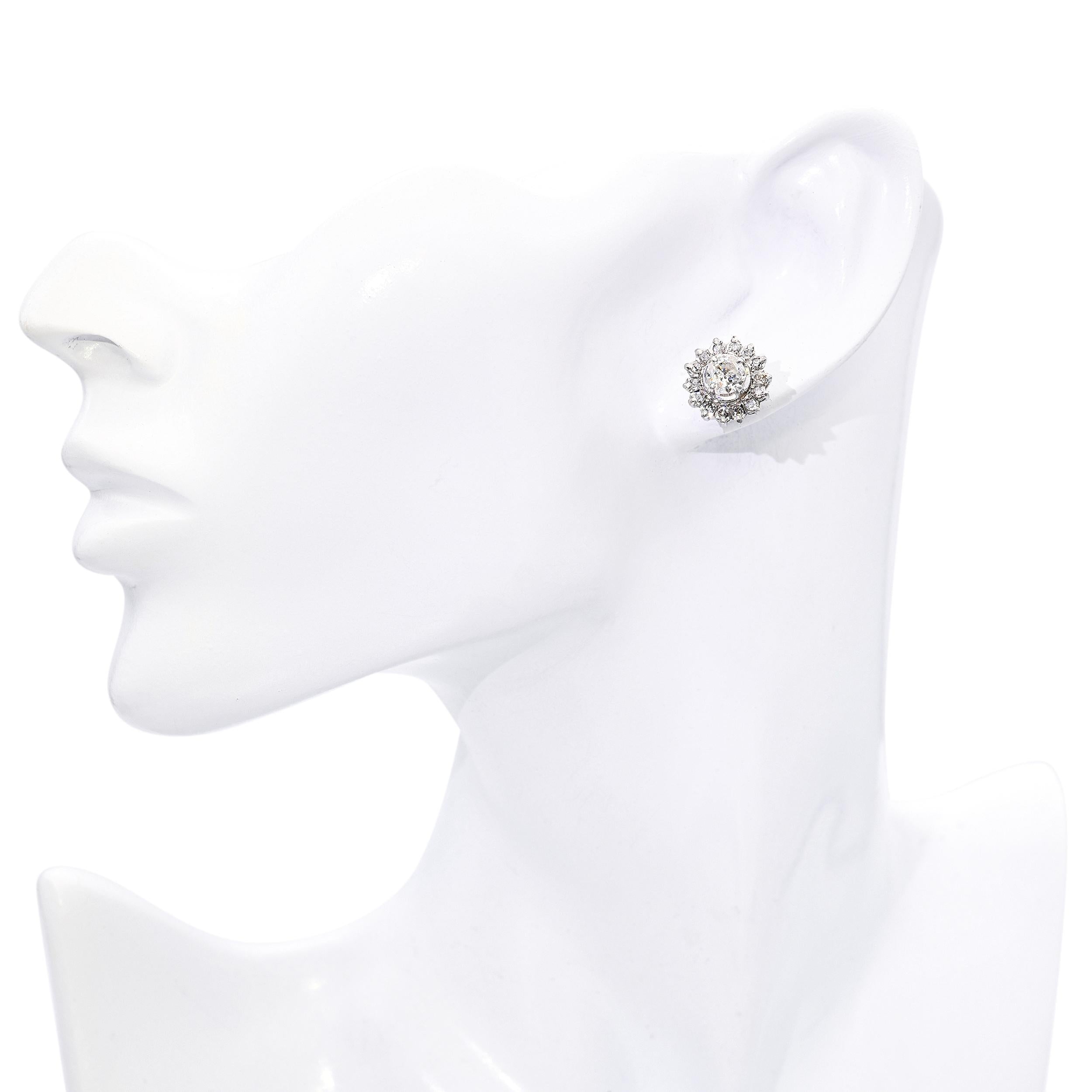 Vintage 8k White Gold 2.0tcw J I1 Diamond Halo Stud Earrings
