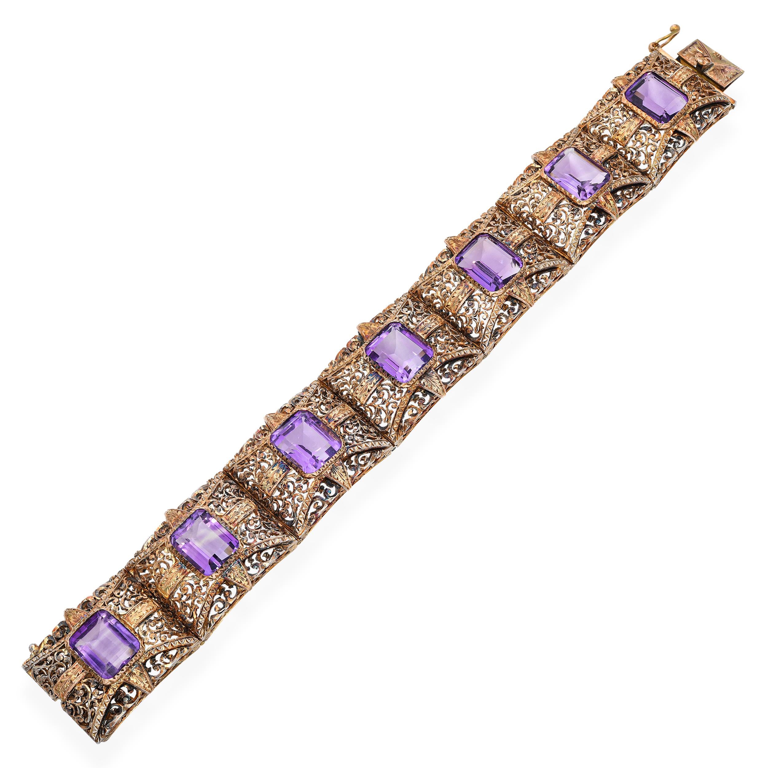 Antique 12k Yellow Gold Amethyst 28.56tcw Filigree Motif Decorative Bracelet