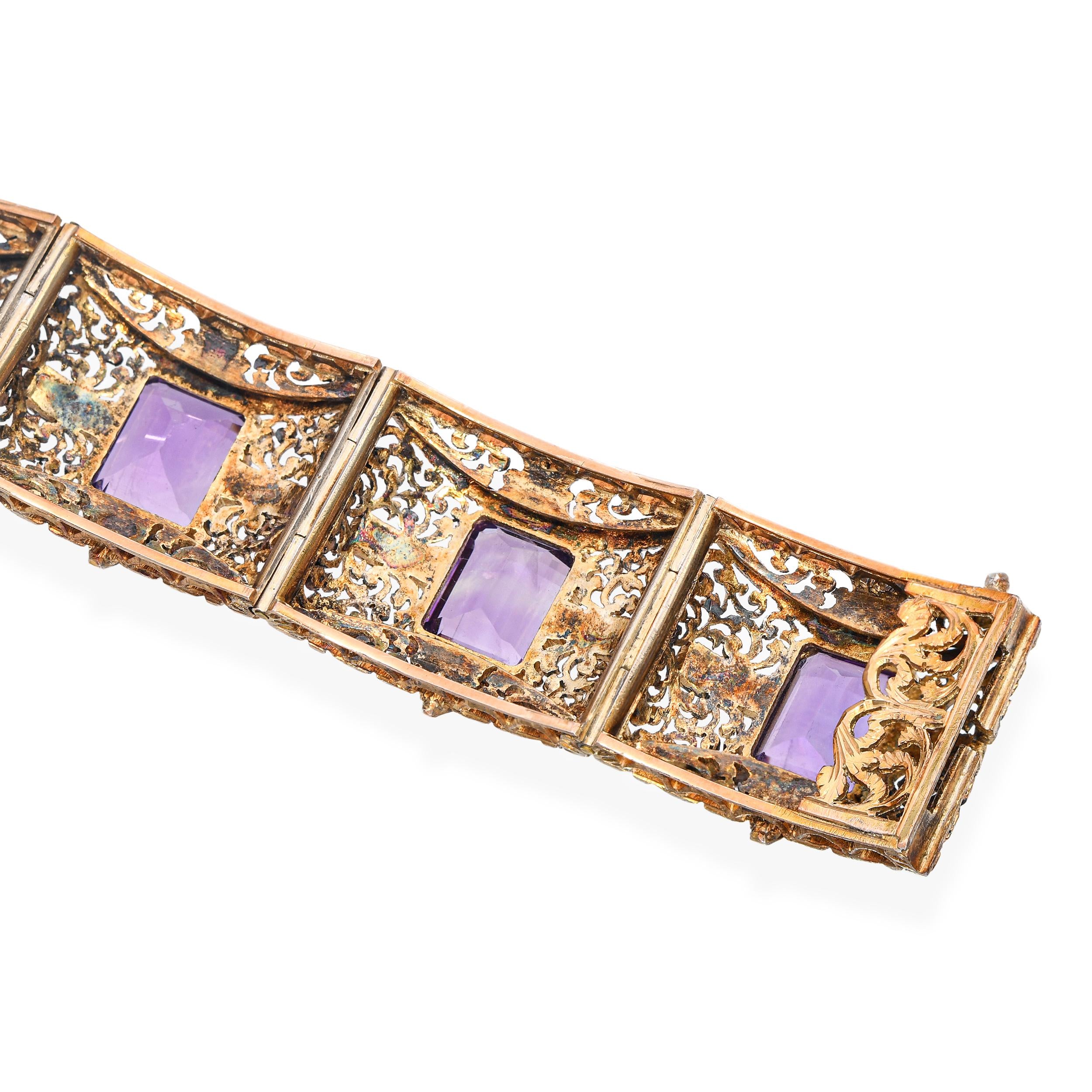 Antique 12k Yellow Gold Amethyst 28.56tcw Filigree Motif Decorative Bracelet