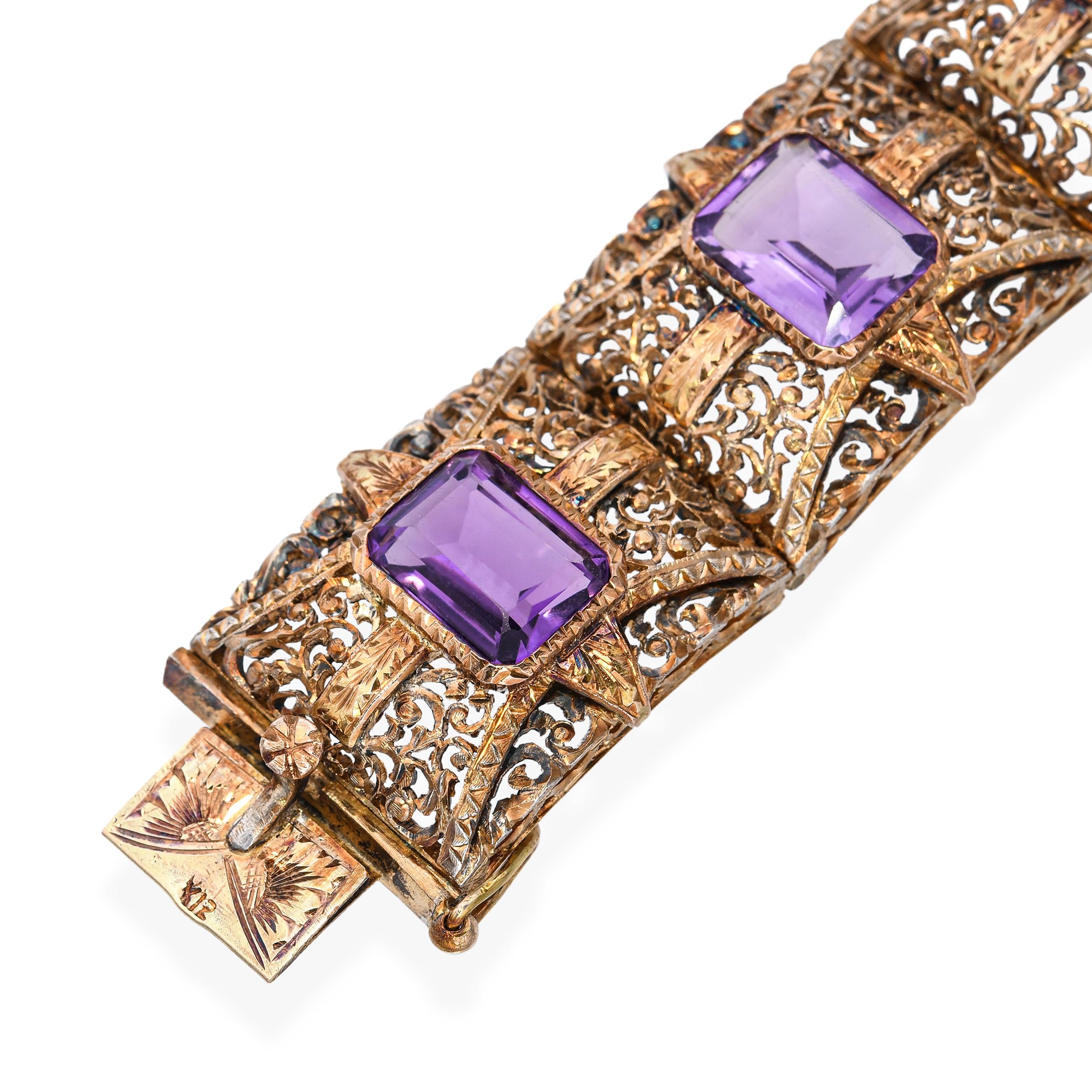 Antique 12k Yellow Gold Amethyst 28.56tcw Filigree Motif Decorative Bracelet
