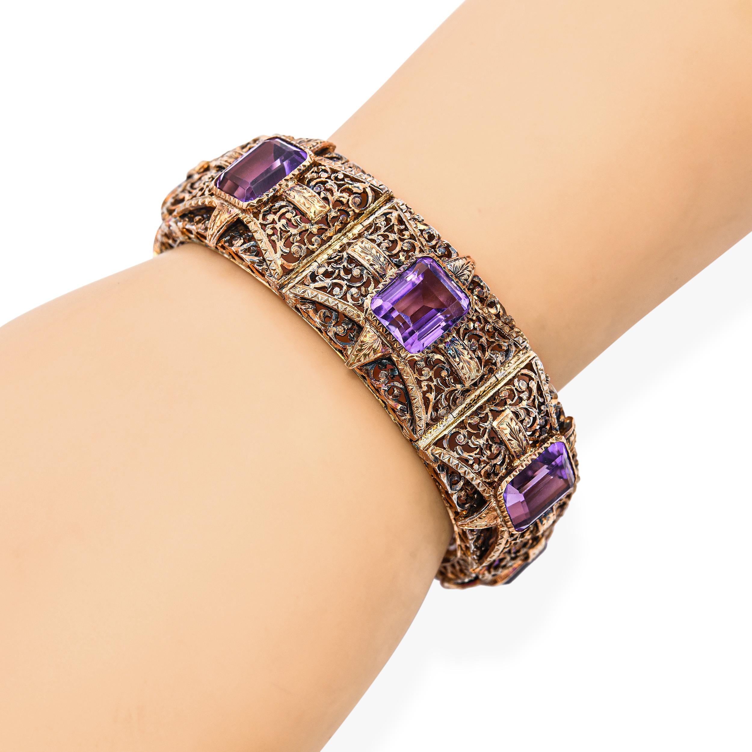 Antique 12k Yellow Gold Amethyst 28.56tcw Filigree Motif Decorative Bracelet