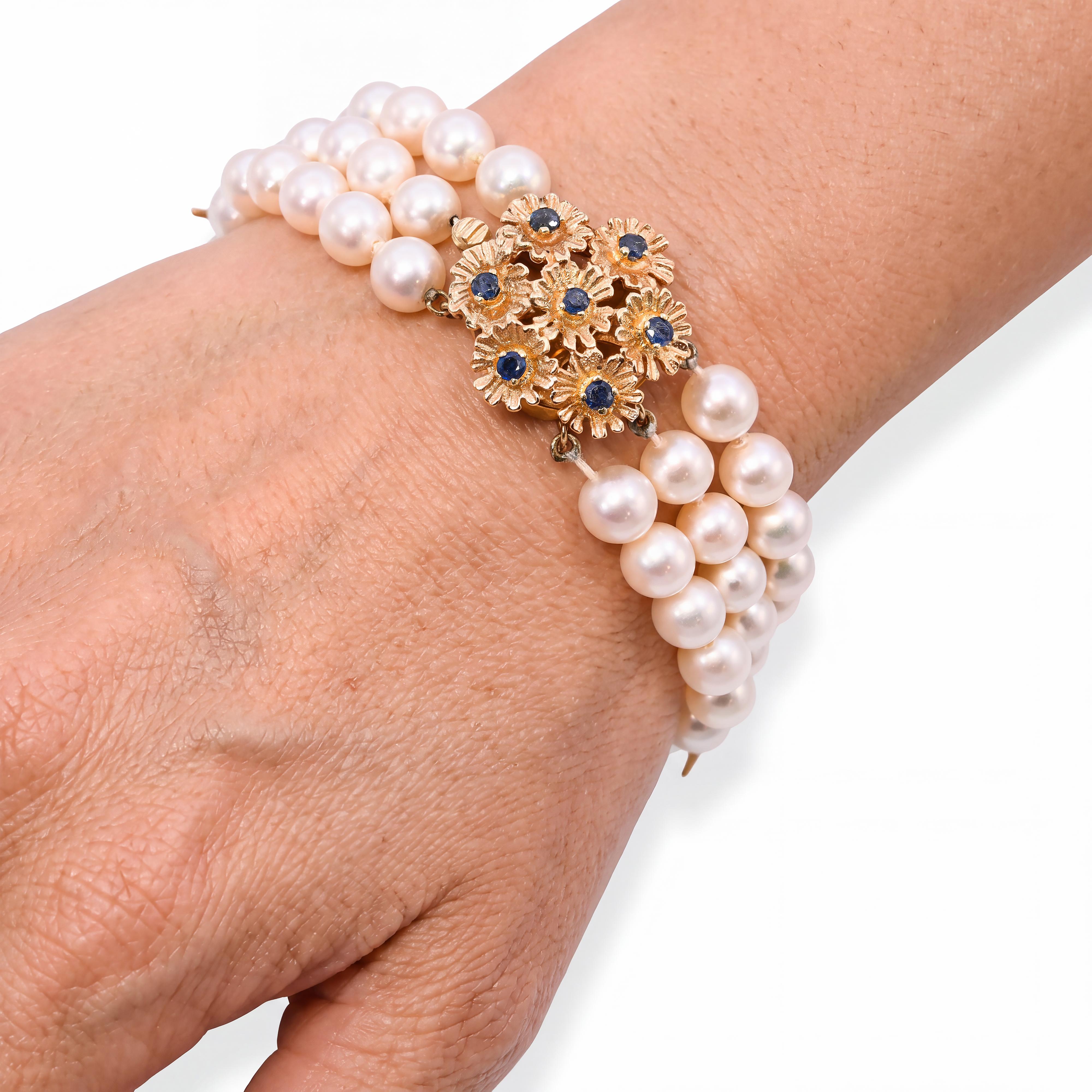 Vintage Yellow Gold Pearl & Sapphire Beaded Floral Multi-Strand Bracelet