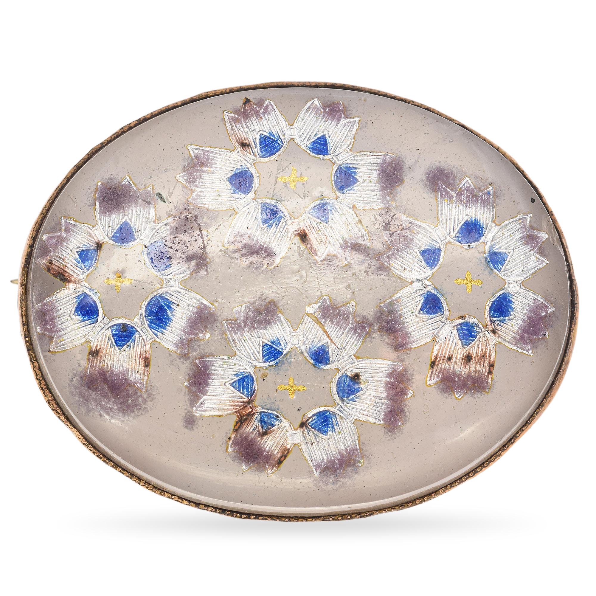 Antique Gold Vermeil Enameled Glass Brooch