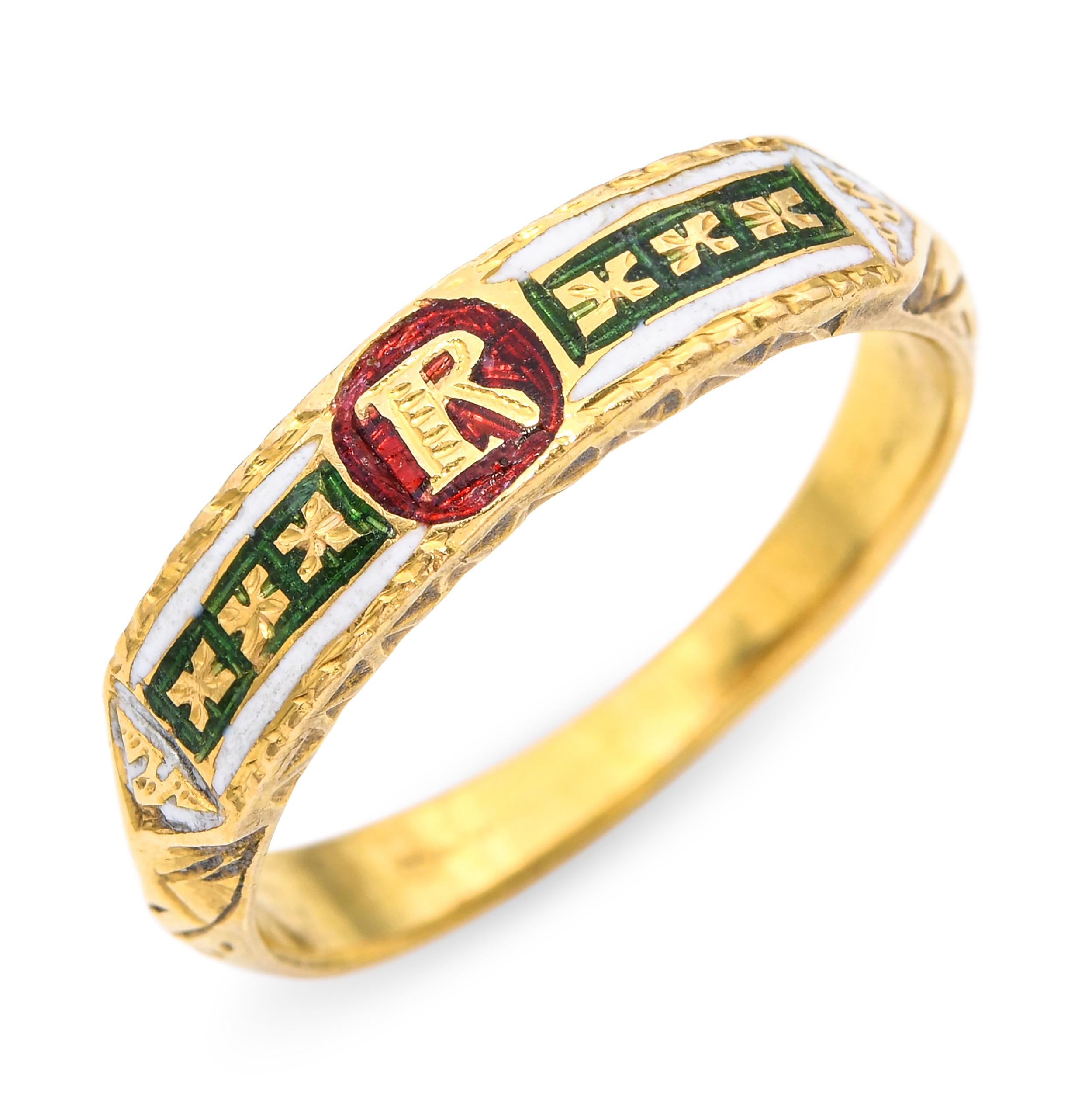 Vintage Chinese 21k Yellow Gold Enamel R Initial Ring