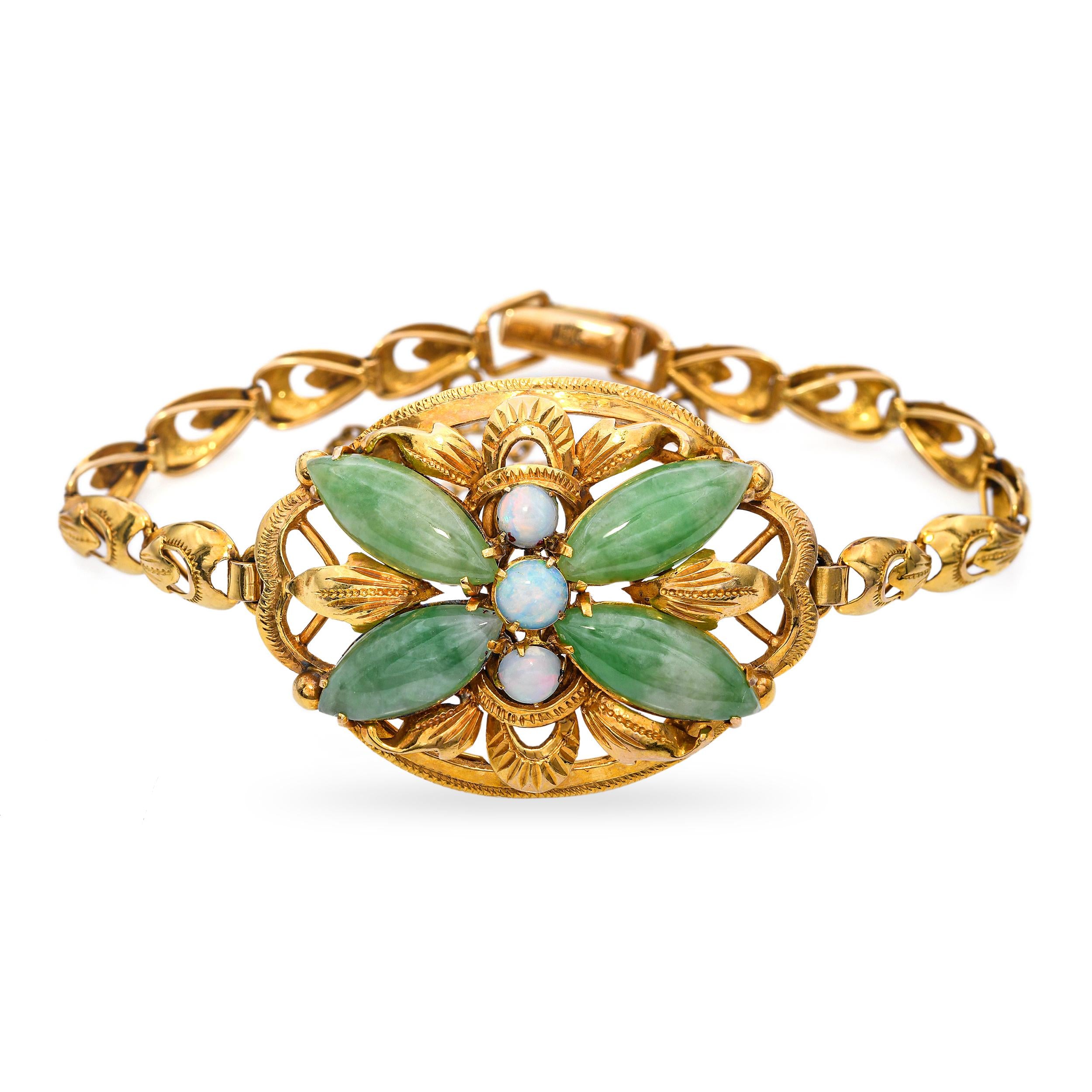 Antique 18k Yellow Gold Jade and Opal Butterfly Bracelet