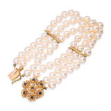 Vintage Yellow Gold Pearl & Sapphire Beaded Floral Multi-Strand Bracelet