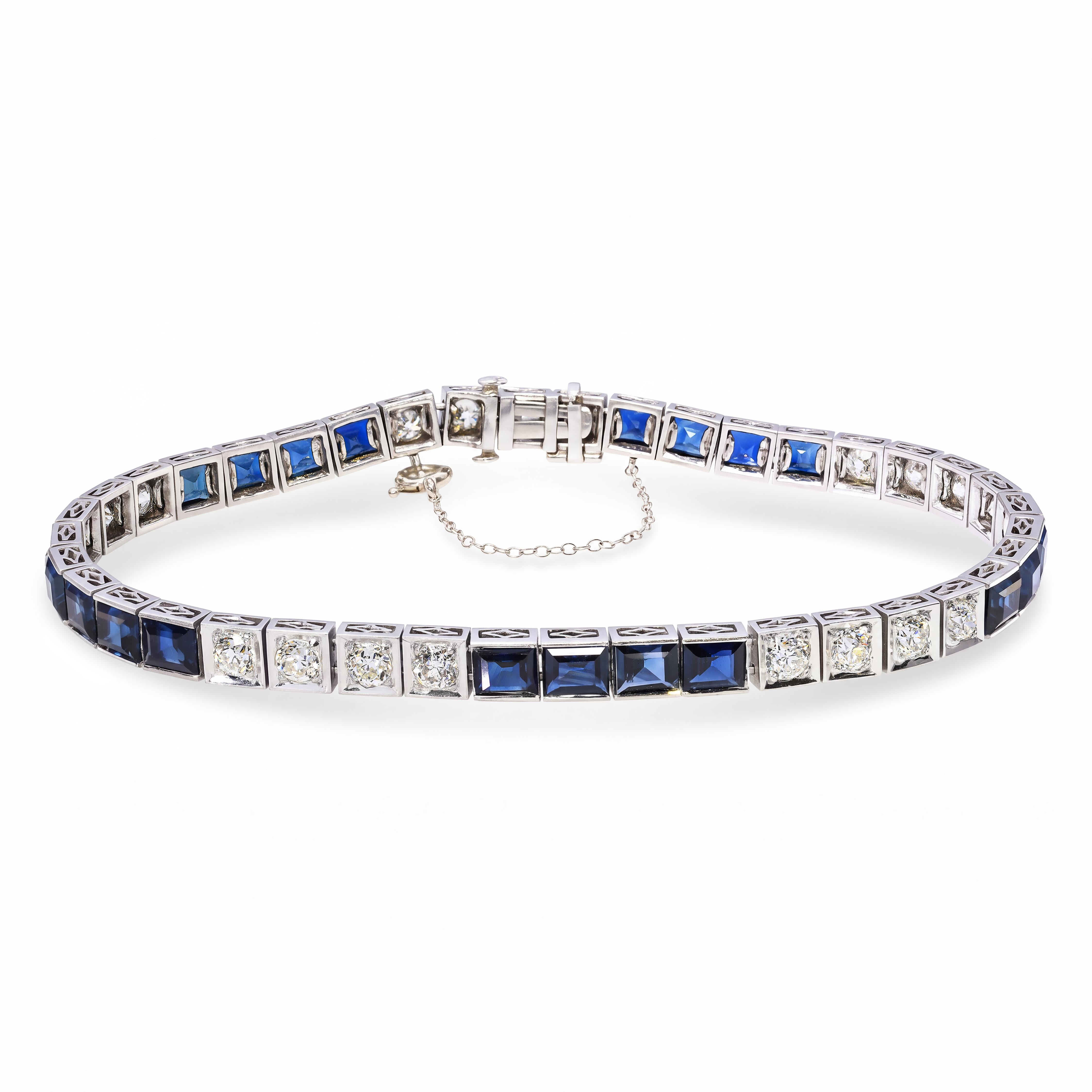 Art Deco Platinum 2.2tcw Old Euro Diamond and Sapphire Line Bracelet