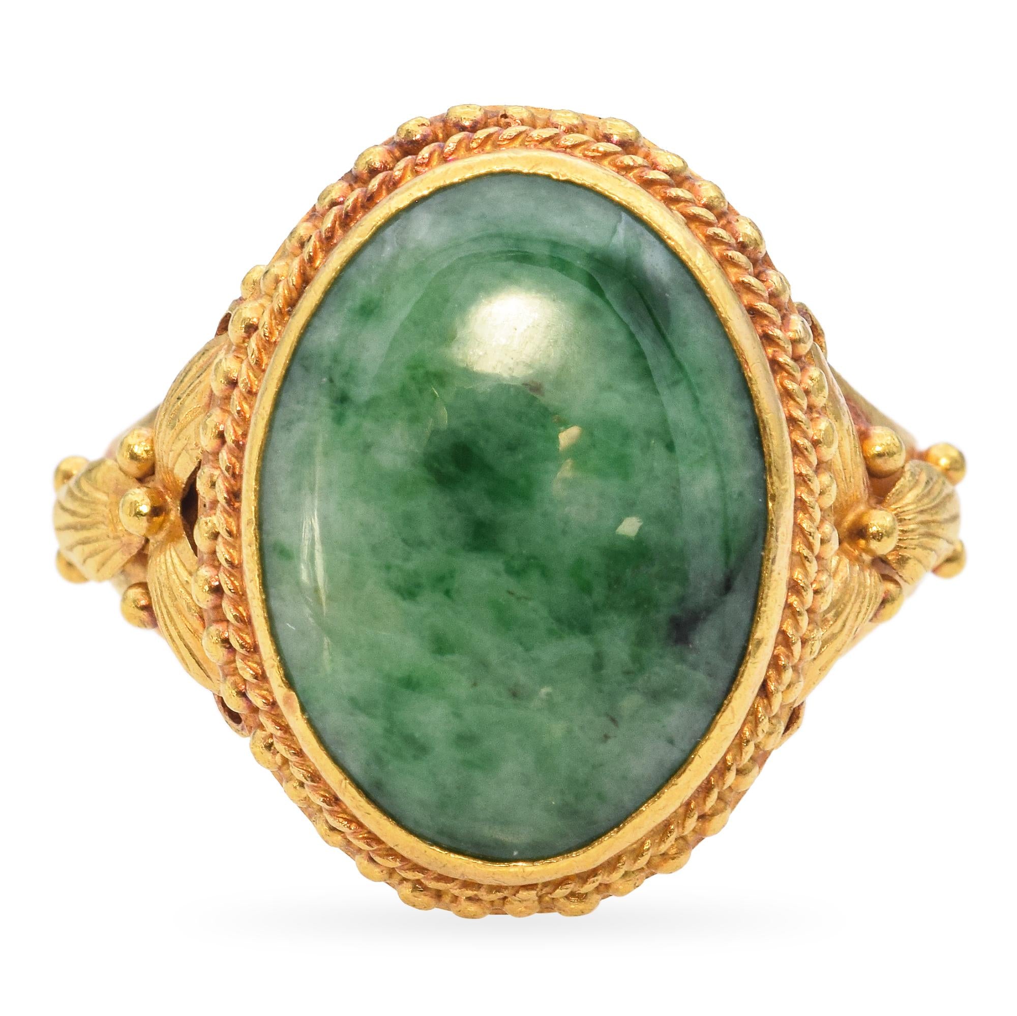 Antique 23k Yellow Gold Jadeite Cabochon Statement Ring