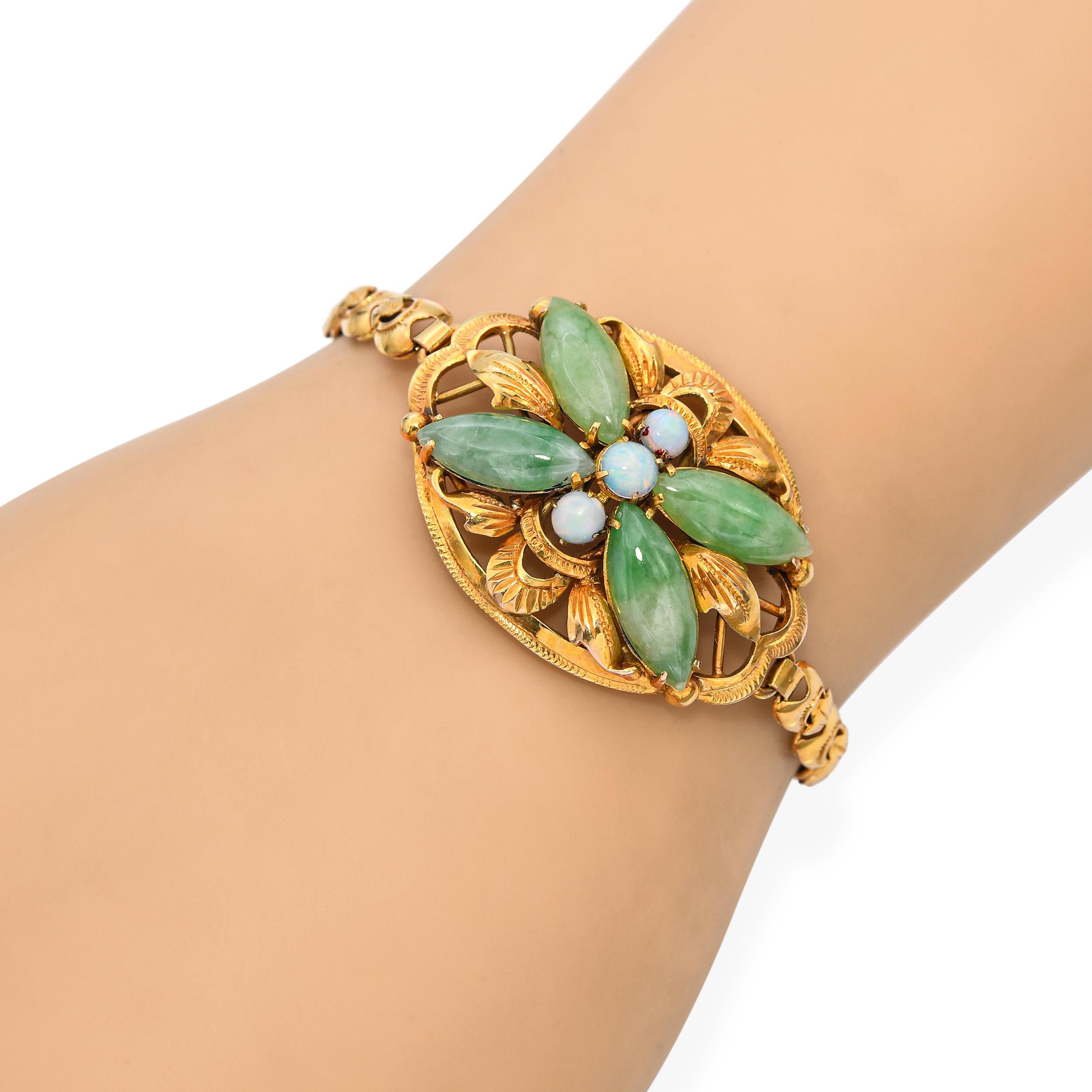 Antique 18k Yellow Gold Jade and Opal Butterfly Bracelet