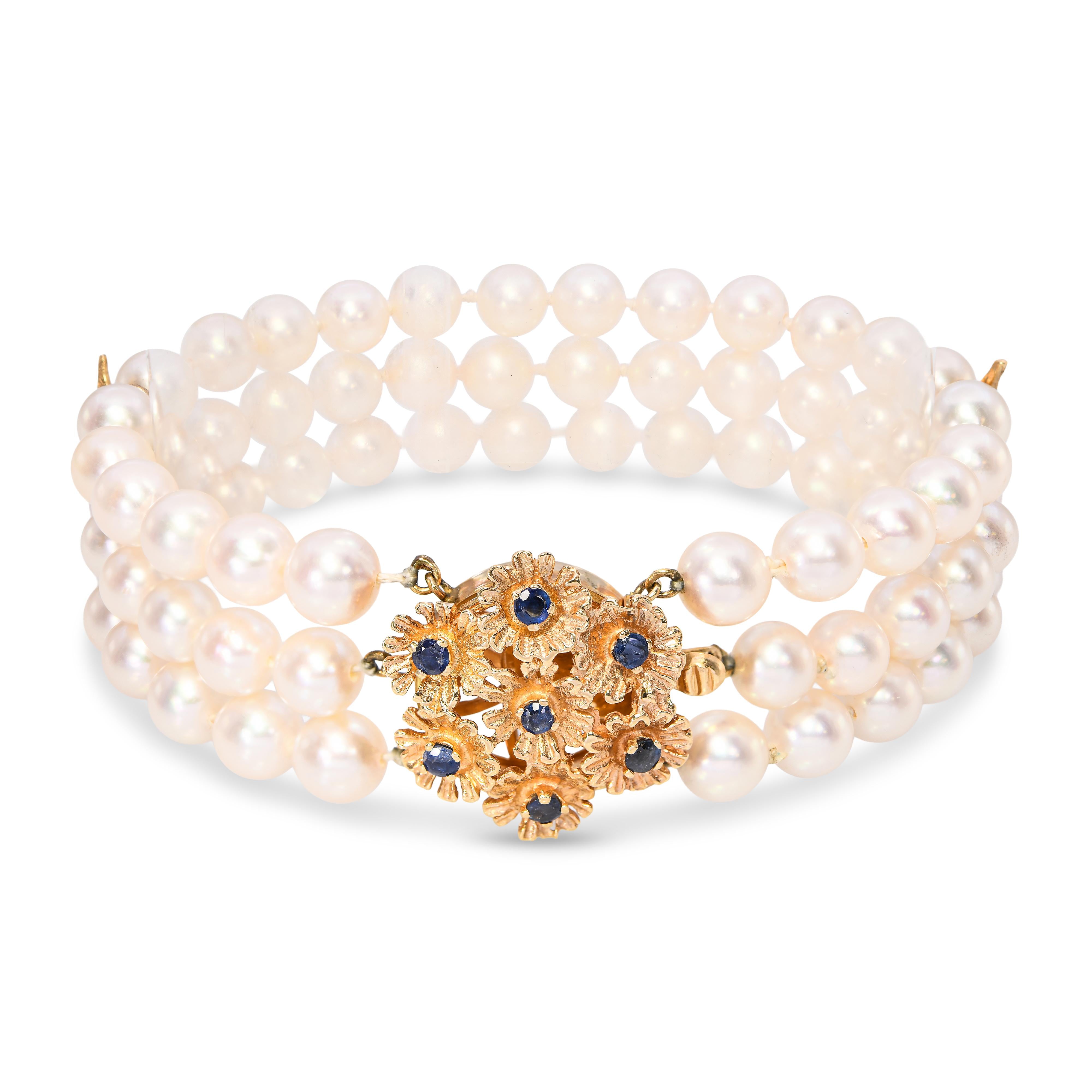 Vintage Yellow Gold Pearl & Sapphire Beaded Floral Multi-Strand Bracelet