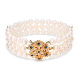 Vintage Yellow Gold Pearl & Sapphire Beaded Floral Multi-Strand Bracelet