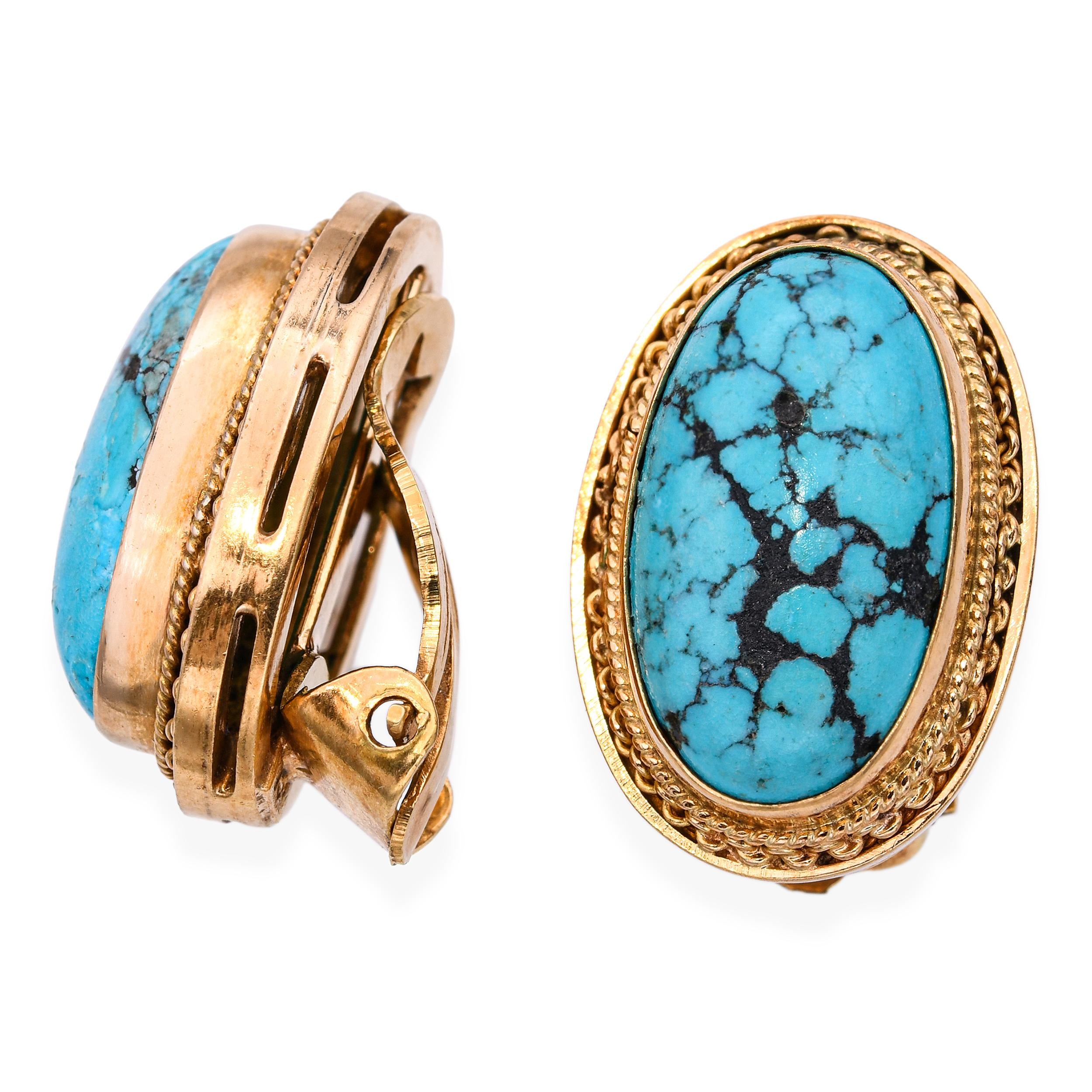 18k Yellow Gold Turquoise Clip on Earrings