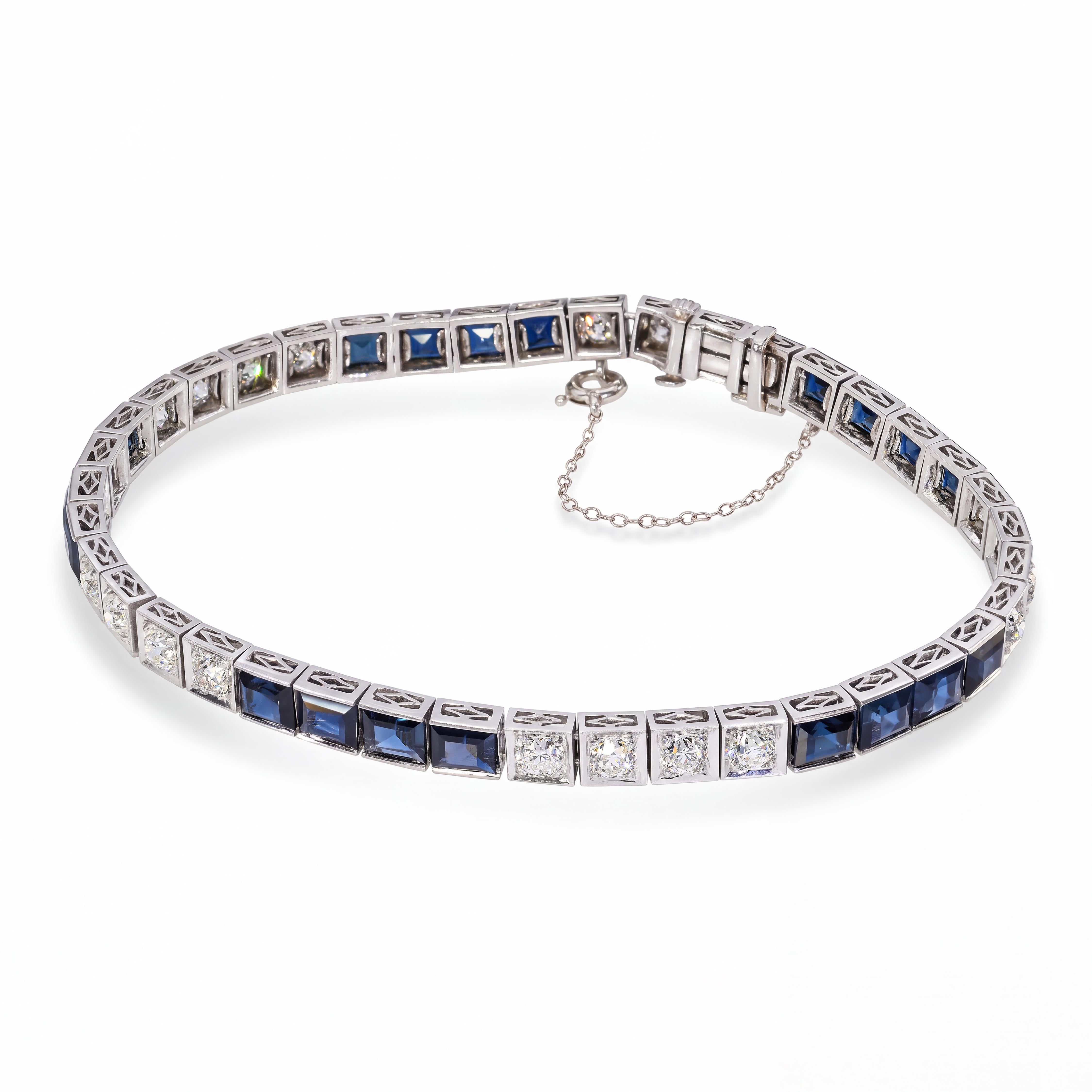 Art Deco Platinum 2.2tcw Old Euro Diamond and Sapphire Line Bracelet