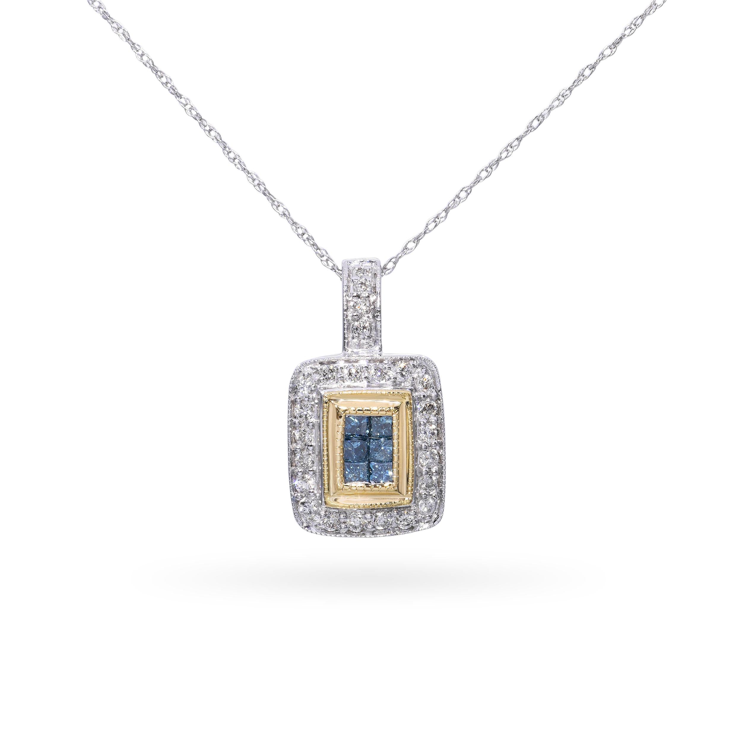 14k White and Yellow Gold Blue and White Diamond Pendant Necklace