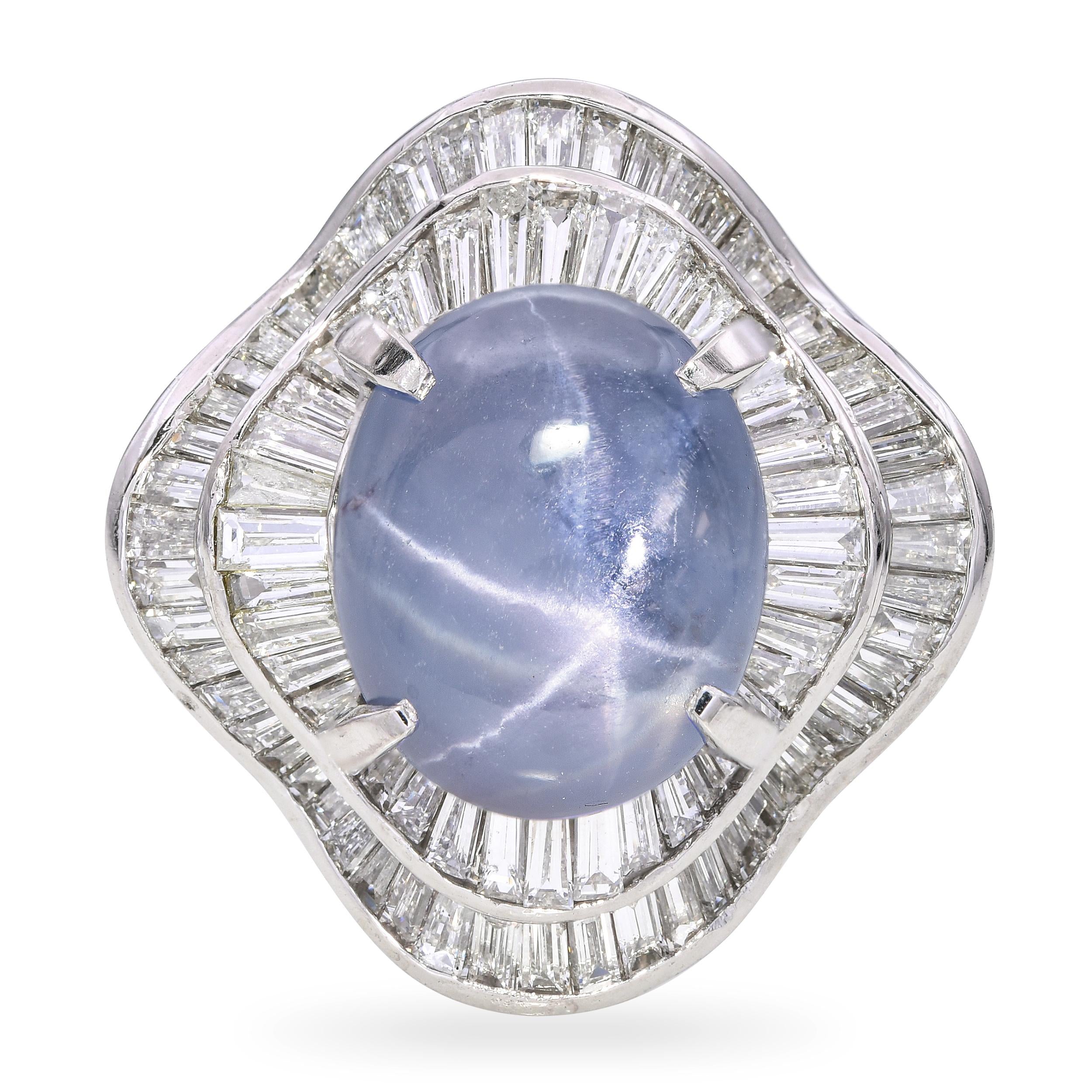 Platinum 3.50ct Star Sapphire and Diamond Baguette Halo
