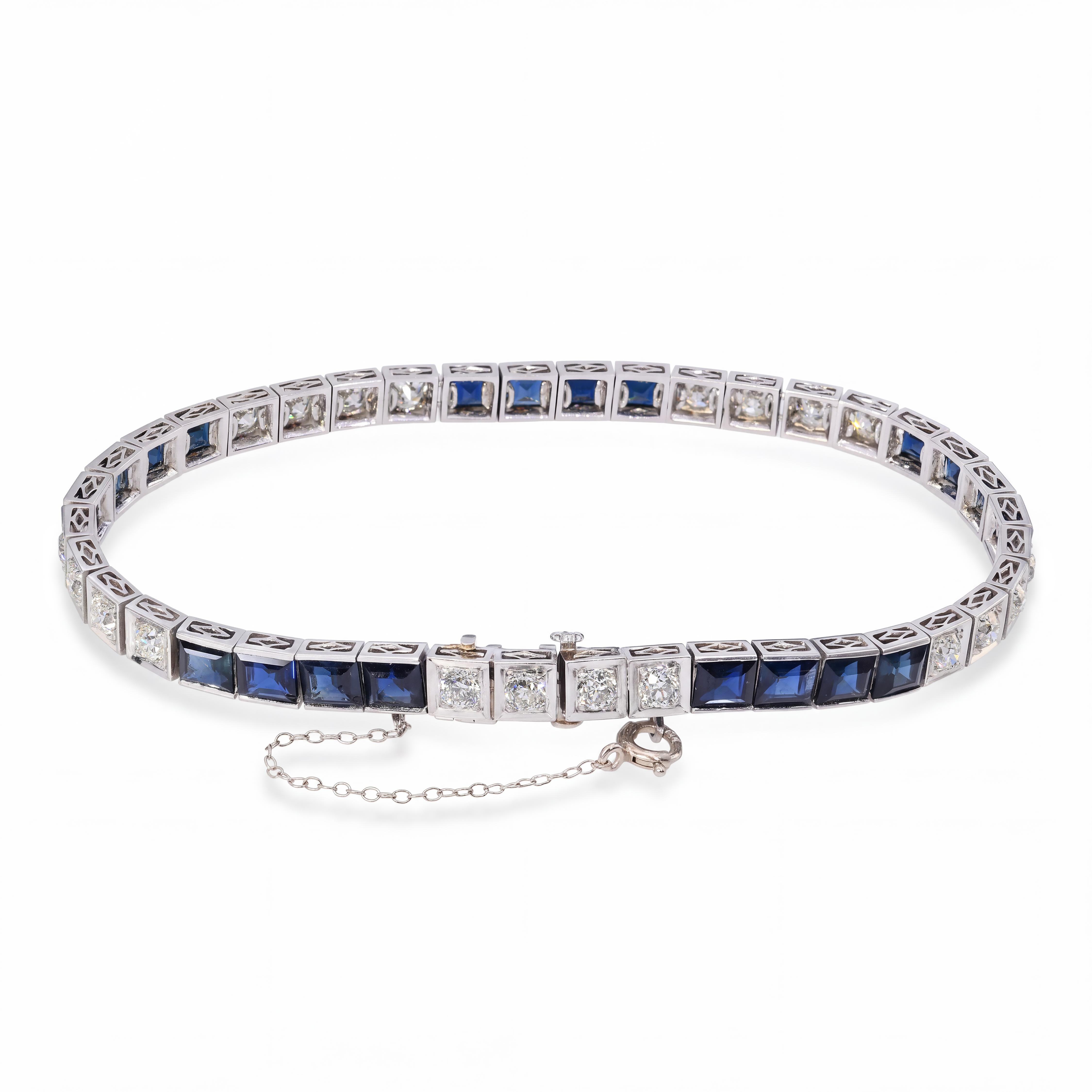 Art Deco Platinum 2.2tcw Old Euro Diamond and Sapphire Line Bracelet