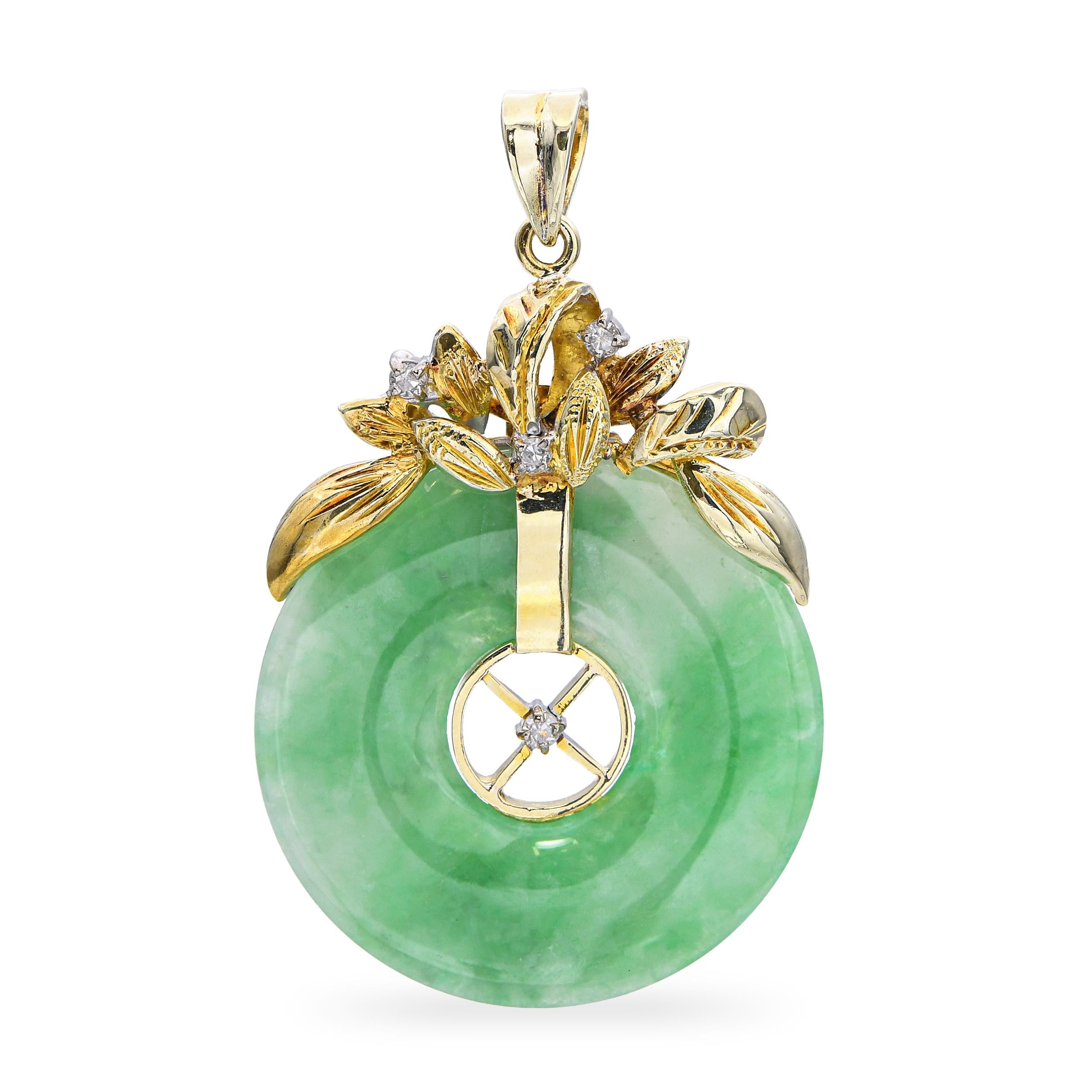 Vintage 14k Yellow Gold Jade Donut and Diamond Pendant