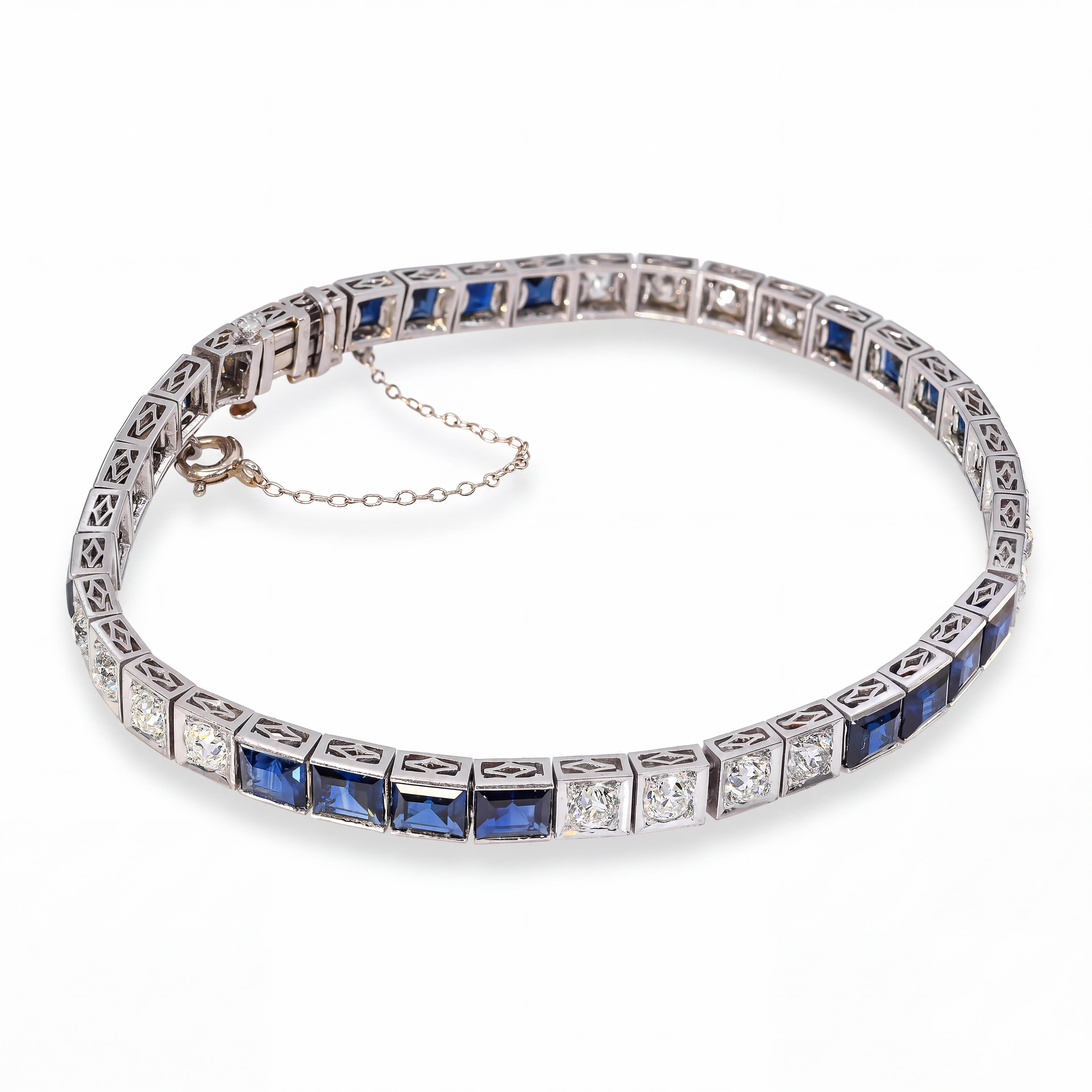 Art Deco Platinum 2.2tcw Old Euro Diamond and Sapphire Line Bracelet