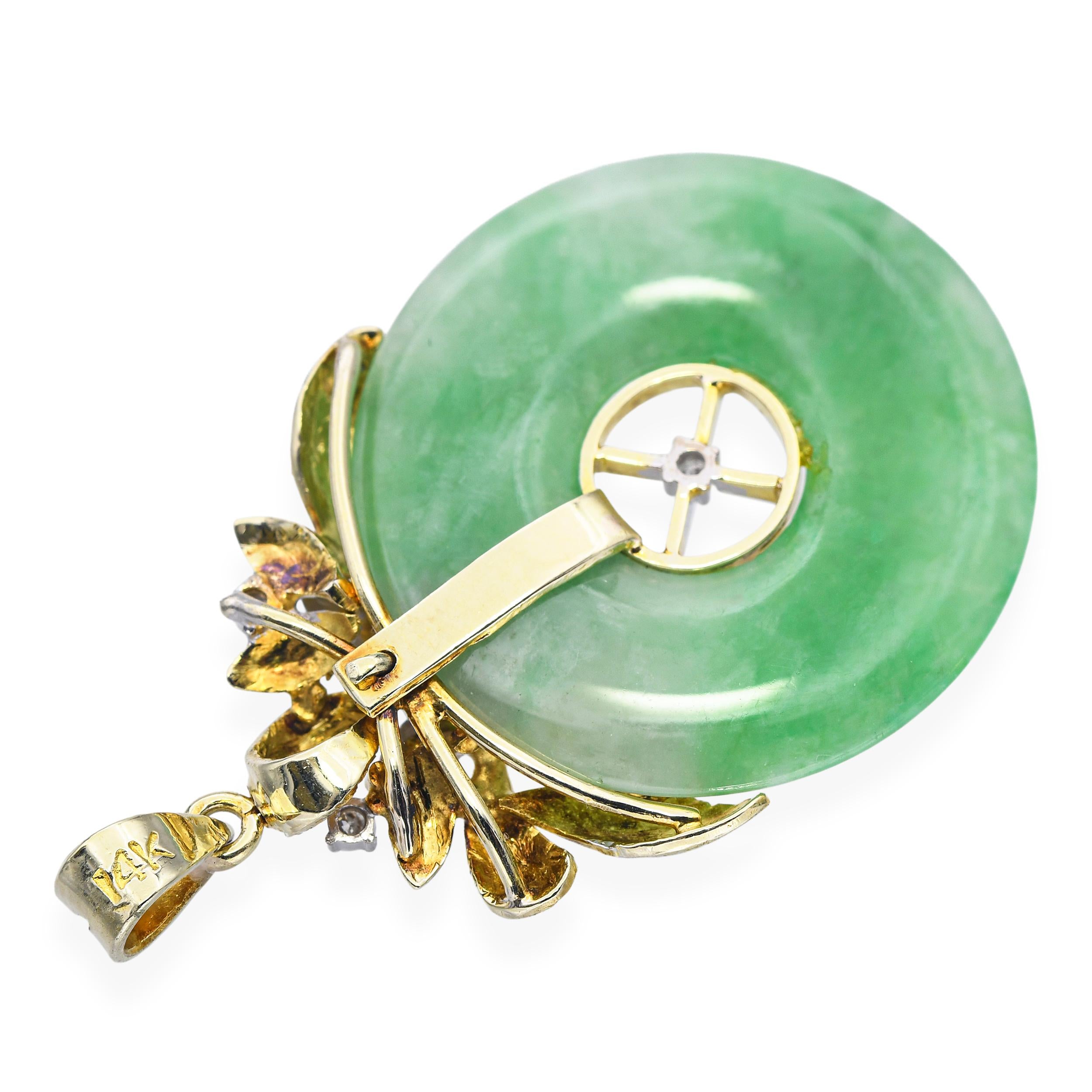 Vintage 14k Yellow Gold Jade Donut and Diamond Pendant
