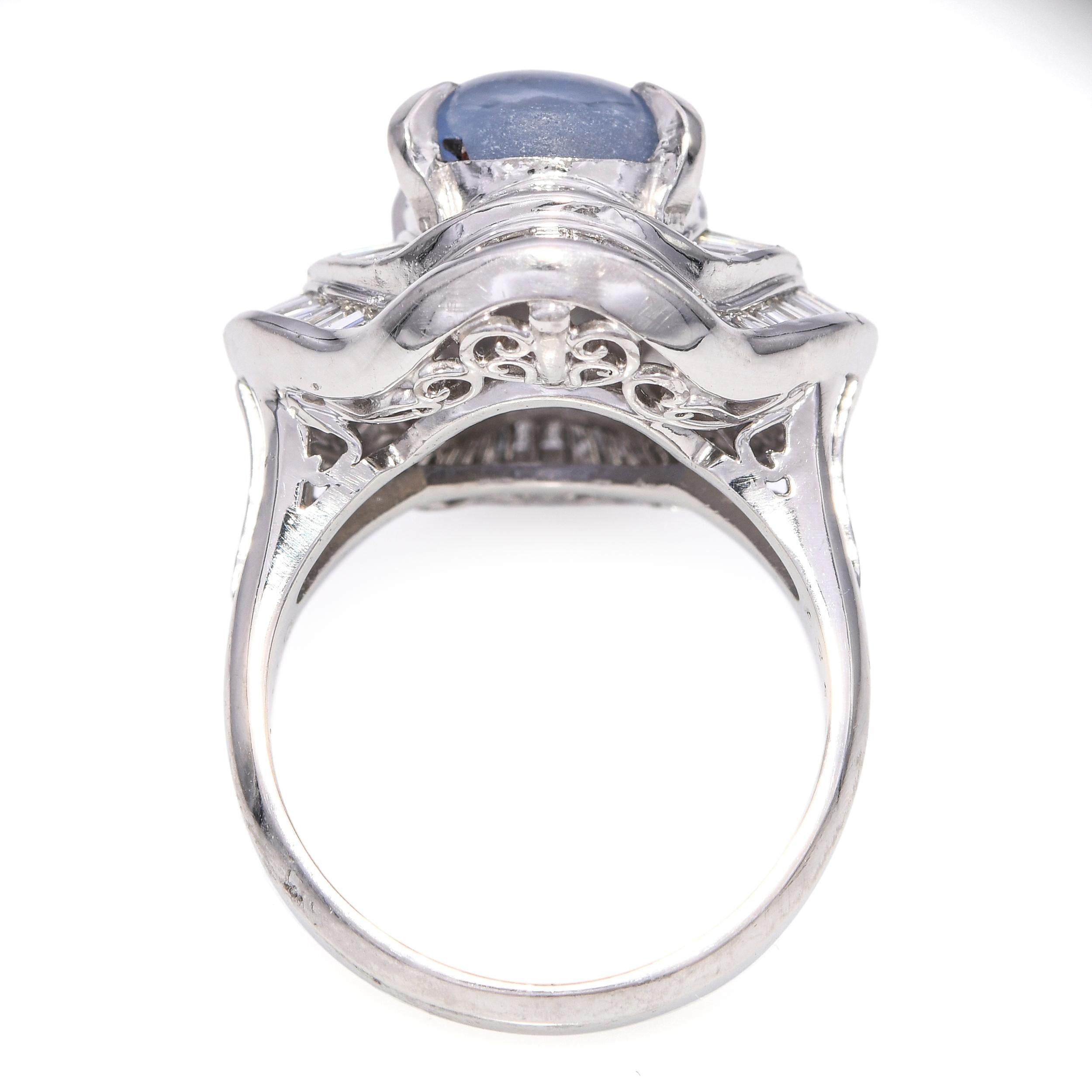 Platinum 3.50ct Star Sapphire and Diamond Baguette Halo