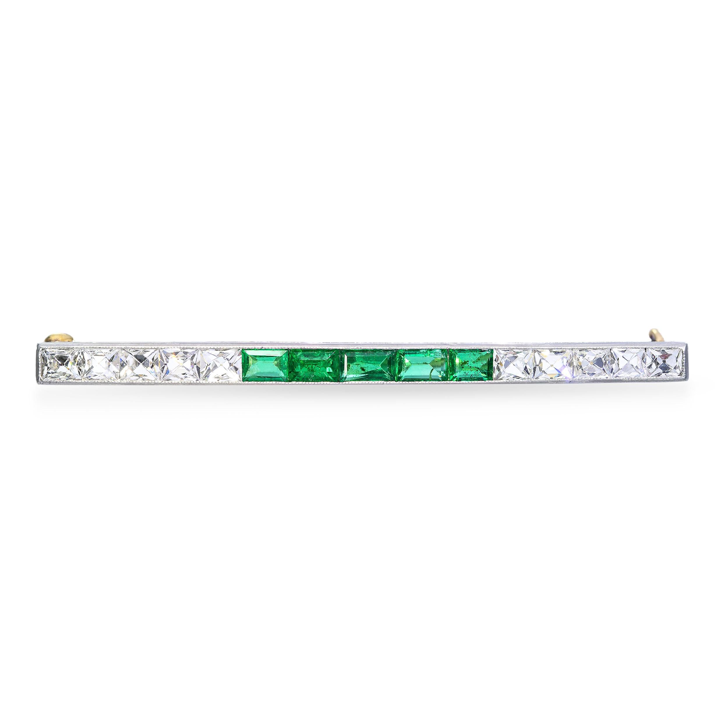 Art Deco Tiffany & Co 18k Gold and Plat Emerald & French Cut Diamond Bar Brooch