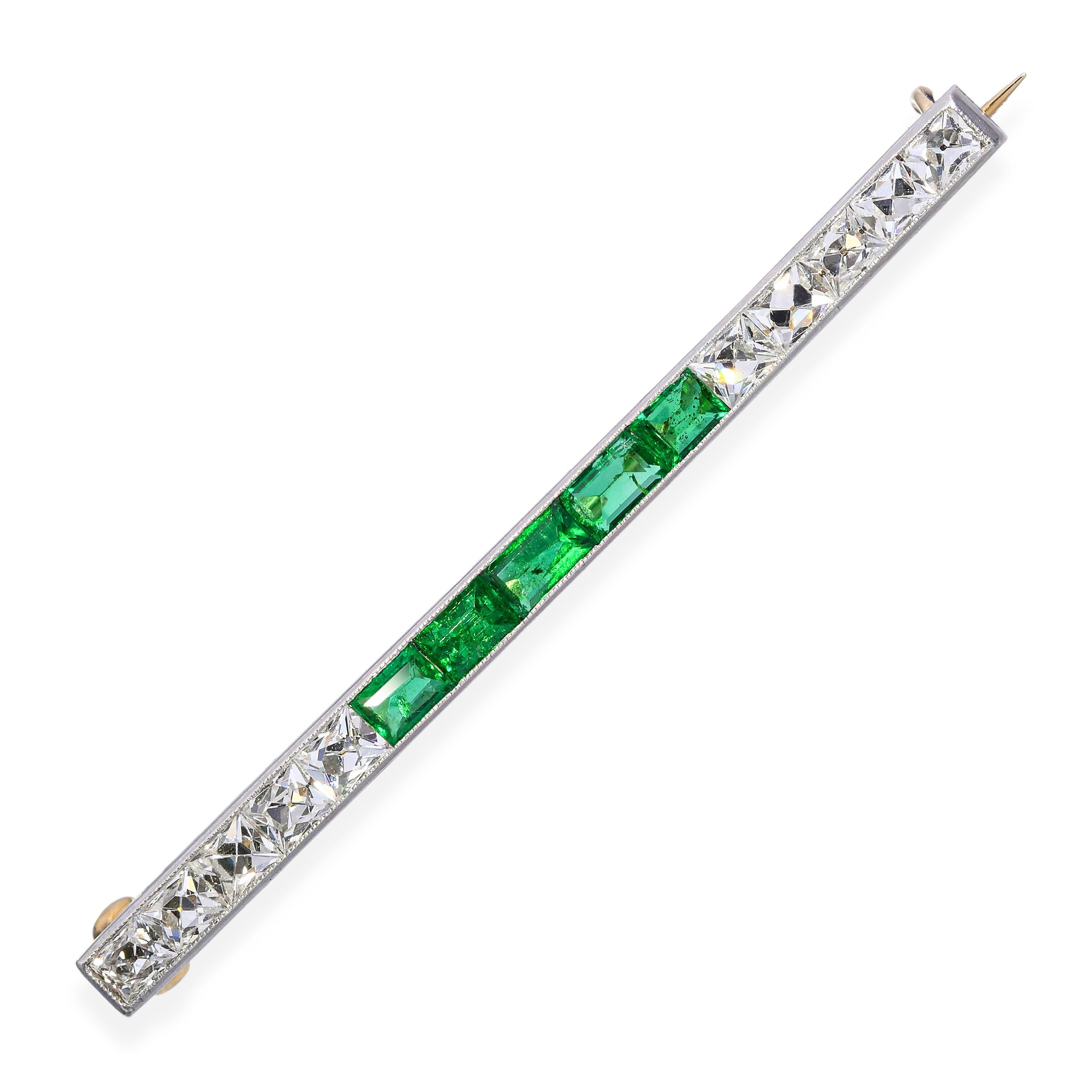 Art Deco Tiffany & Co 18k Gold and Plat Emerald & French Cut Diamond Bar Brooch