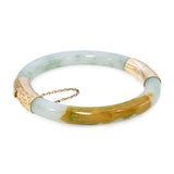 Vintage 14k Yellow Gold GIA Type A Mottled Bluish Green Jadeite Jade Bangle
