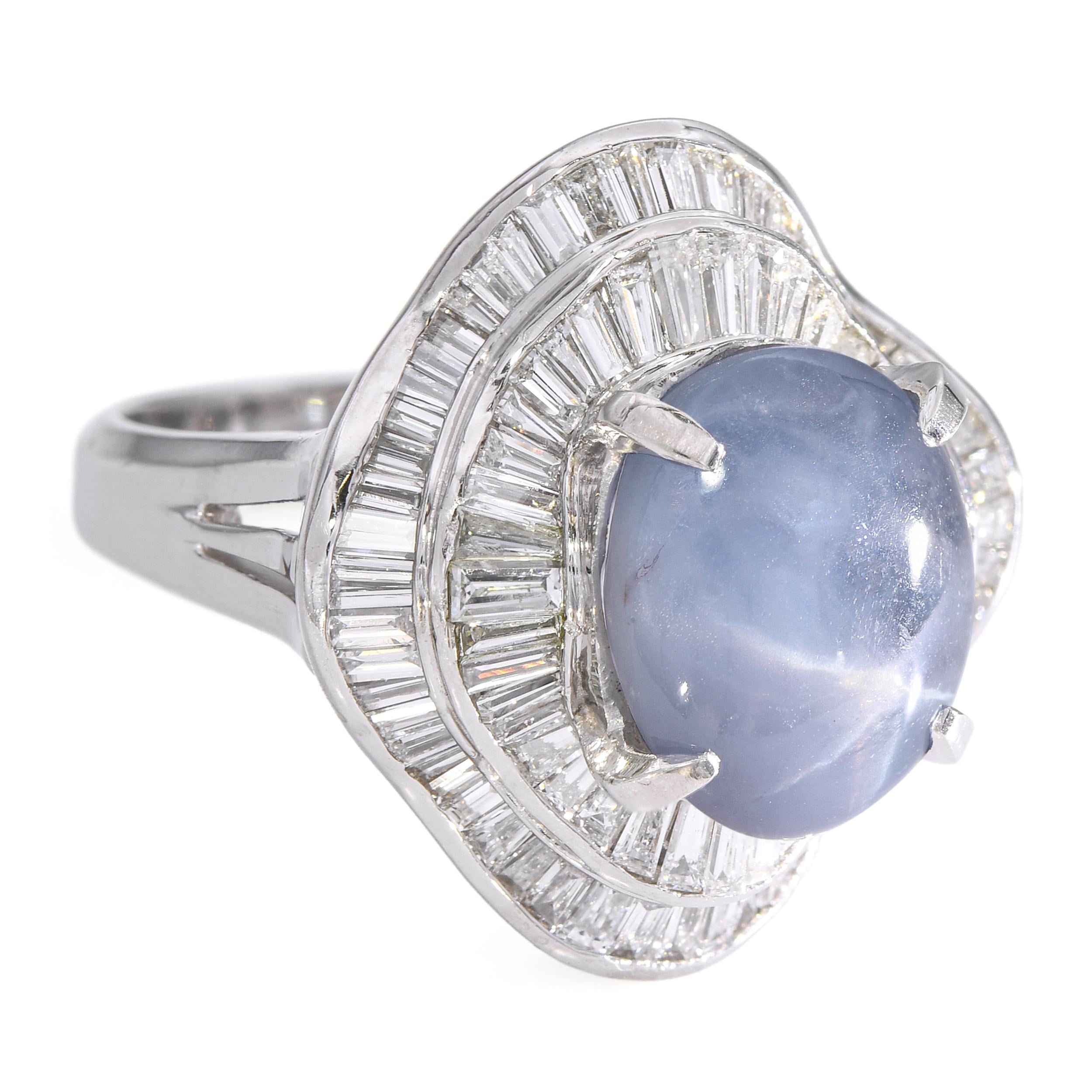 Platinum 3.50ct Star Sapphire and Diamond Baguette Halo