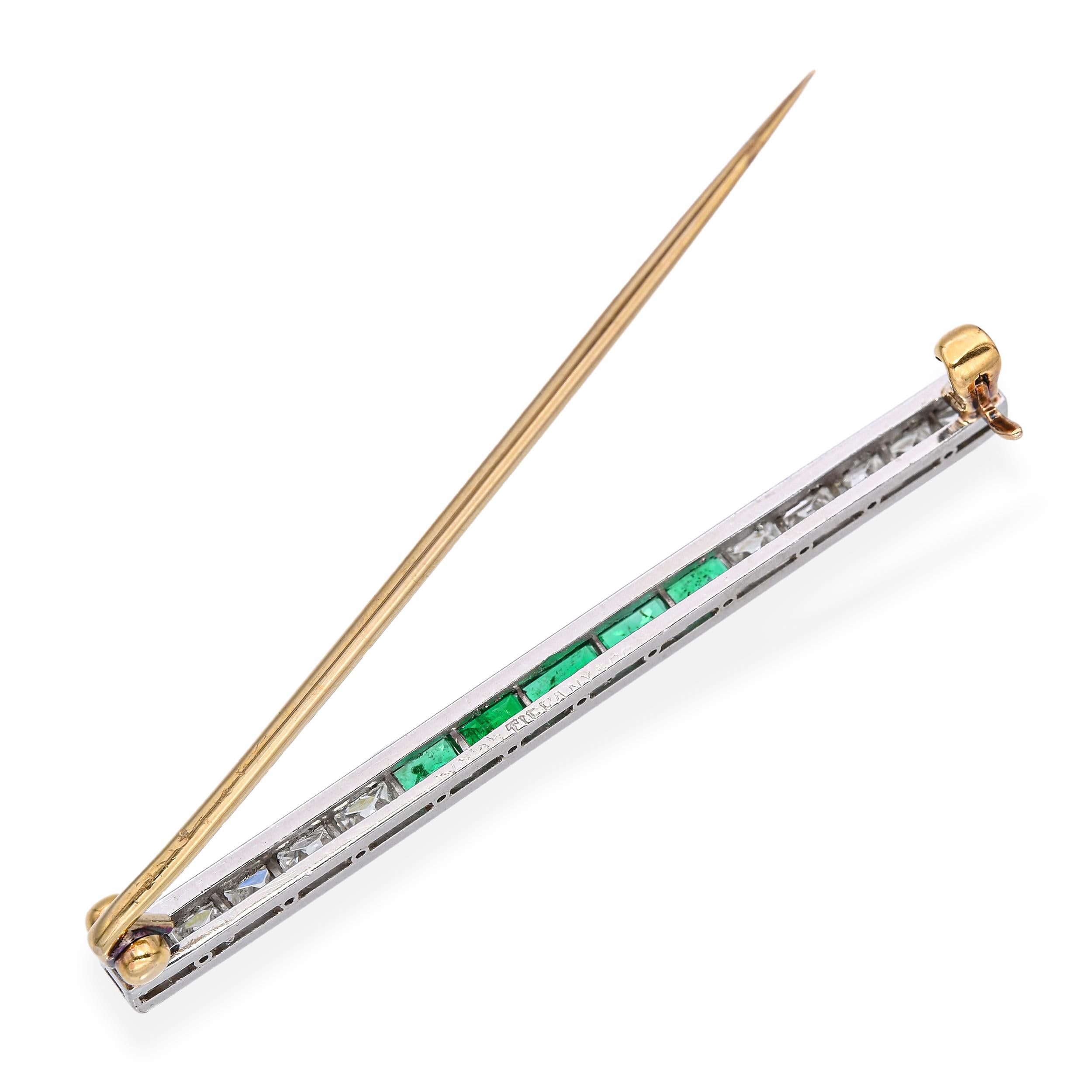 Art Deco Tiffany & Co 18k Gold and Plat Emerald & French Cut Diamond Bar Brooch