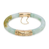 Vintage 14k Yellow Gold GIA Type A Mottled Bluish Green Jadeite Jade Bangle