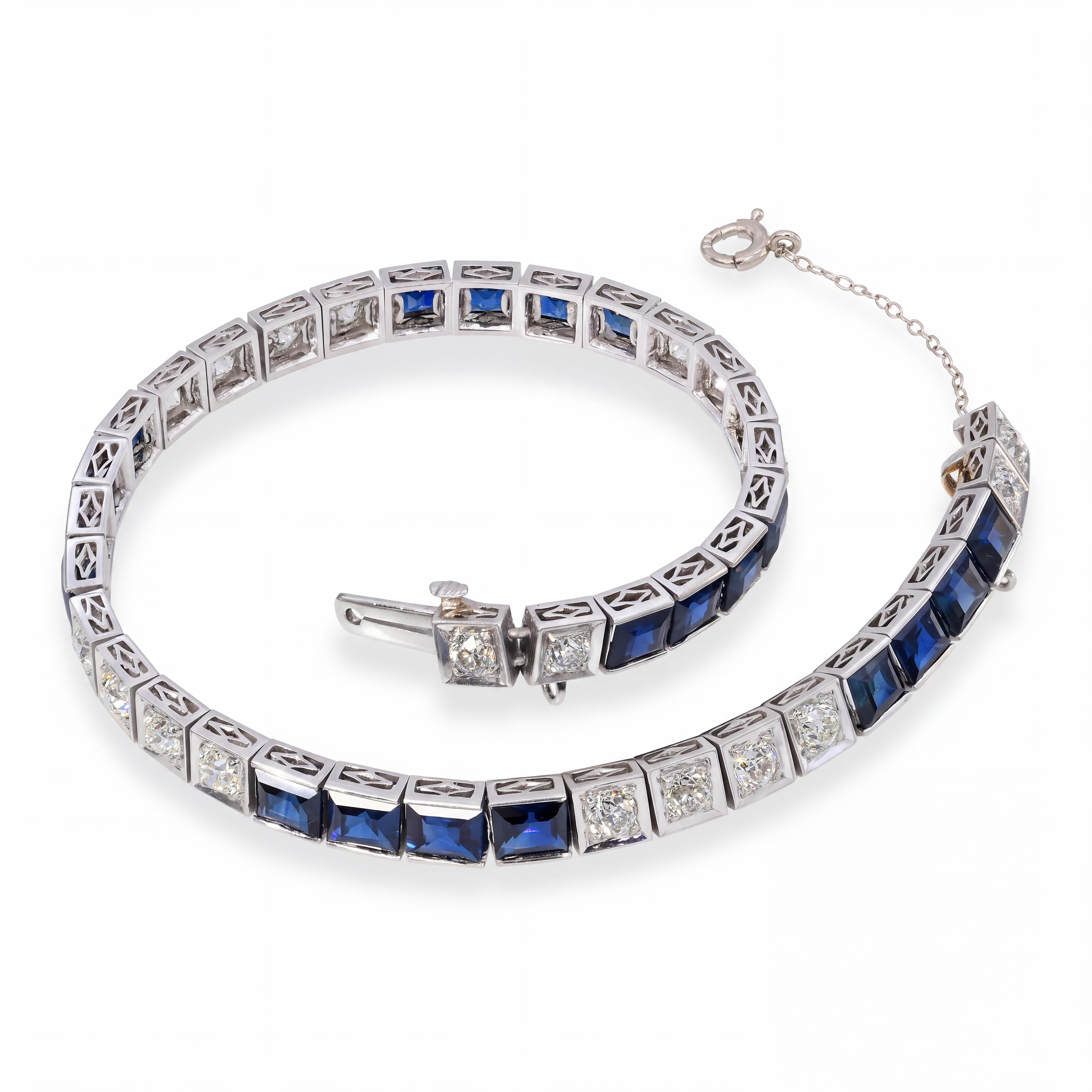 Art Deco Platinum 2.2tcw Old Euro Diamond and Sapphire Line Bracelet