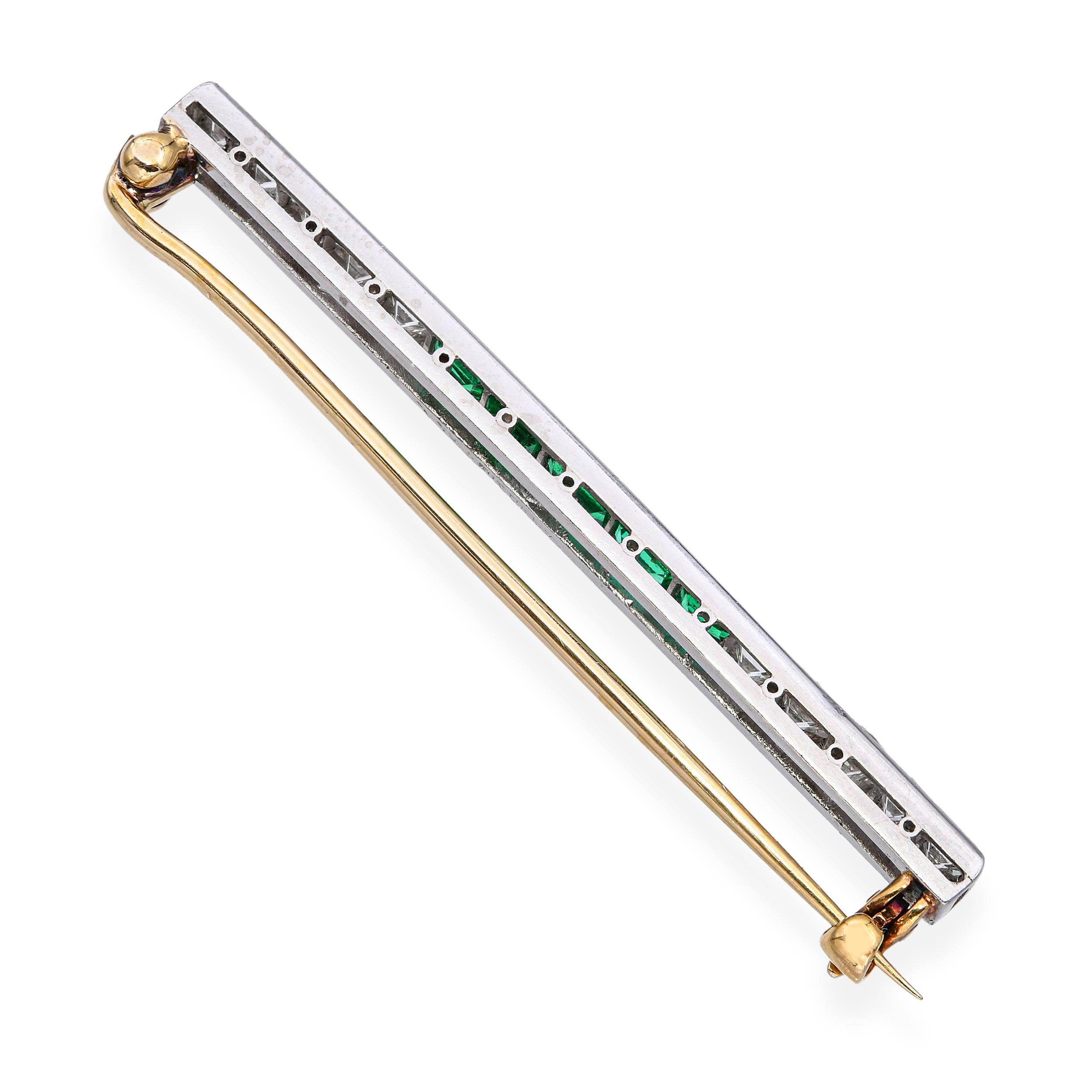 Art Deco Tiffany & Co 18k Gold and Plat Emerald & French Cut Diamond Bar Brooch